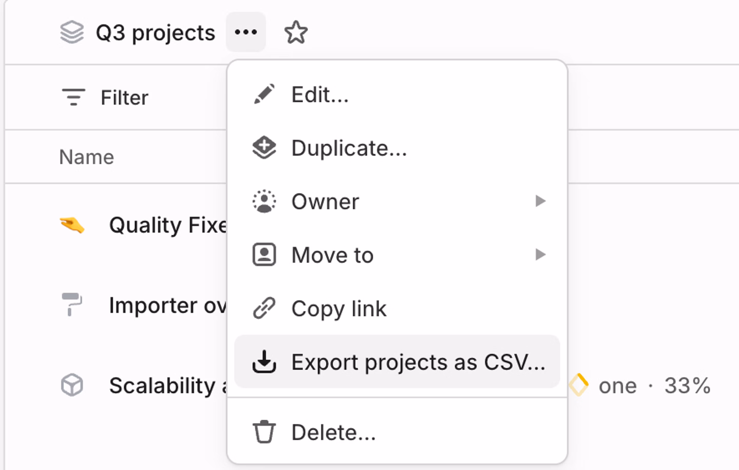 dropdown menu on a project view showing export projects as csv