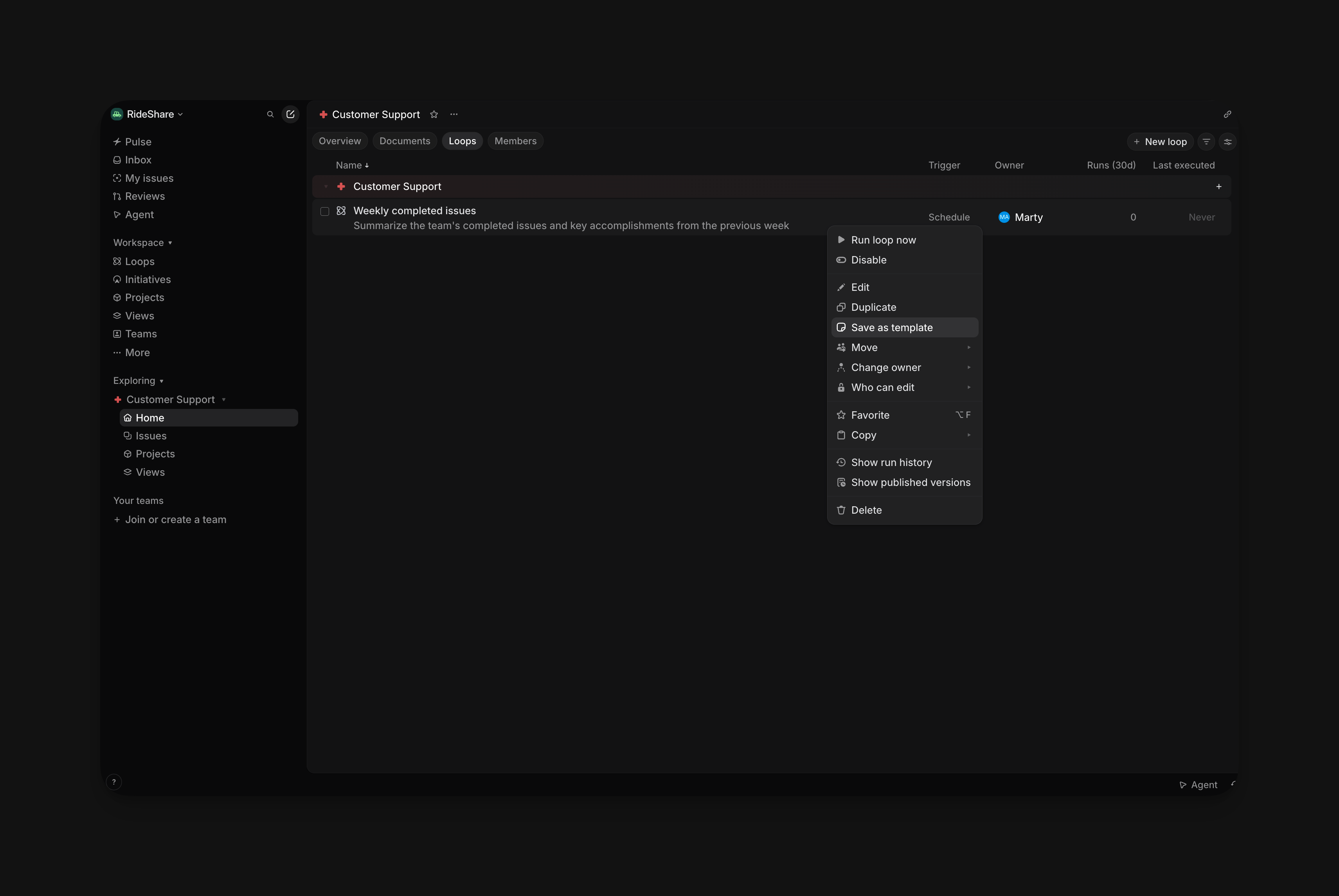 Loop actions menu with options including Edit, Duplicate, Save as template, and Move