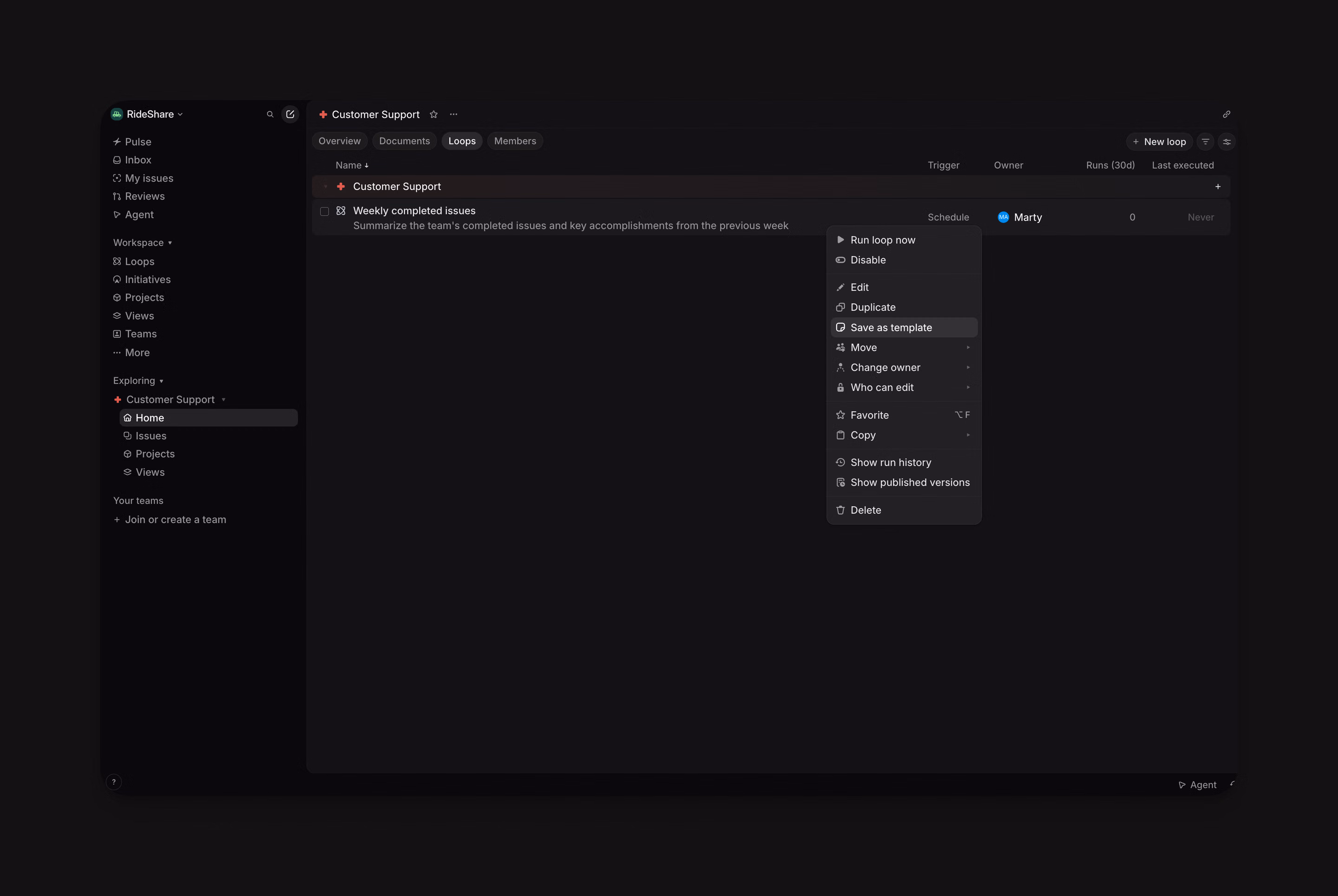 Loop actions menu with options including Edit, Duplicate, Save as template, and Move