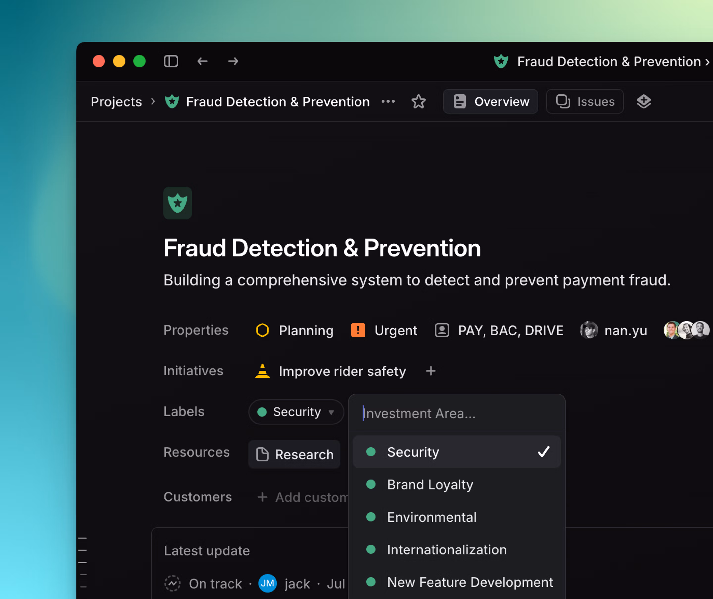 Project label picker in a group