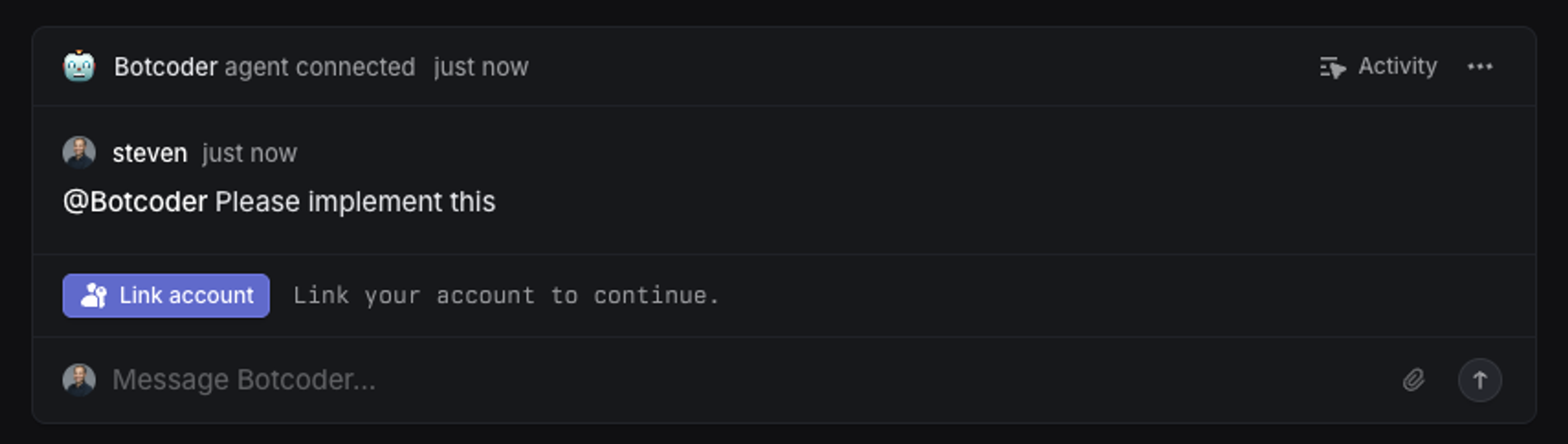 A human user commenting "@Botcoder Please implement this", and a row below containing a button "Link account" and text "Link your account to continue."