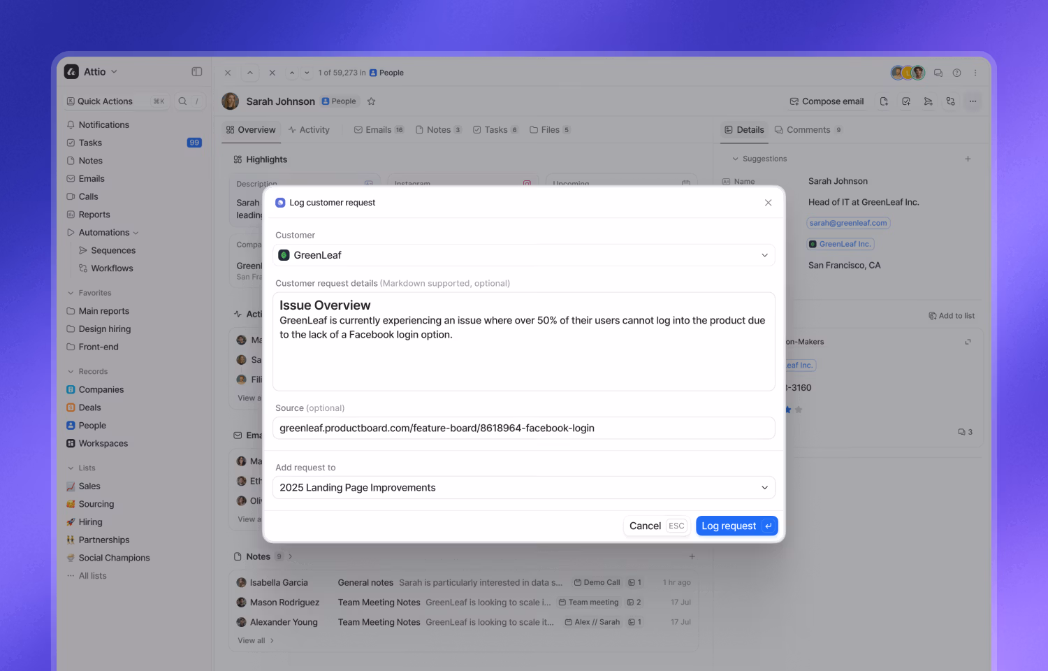 modal to log a request in Linear from Attio