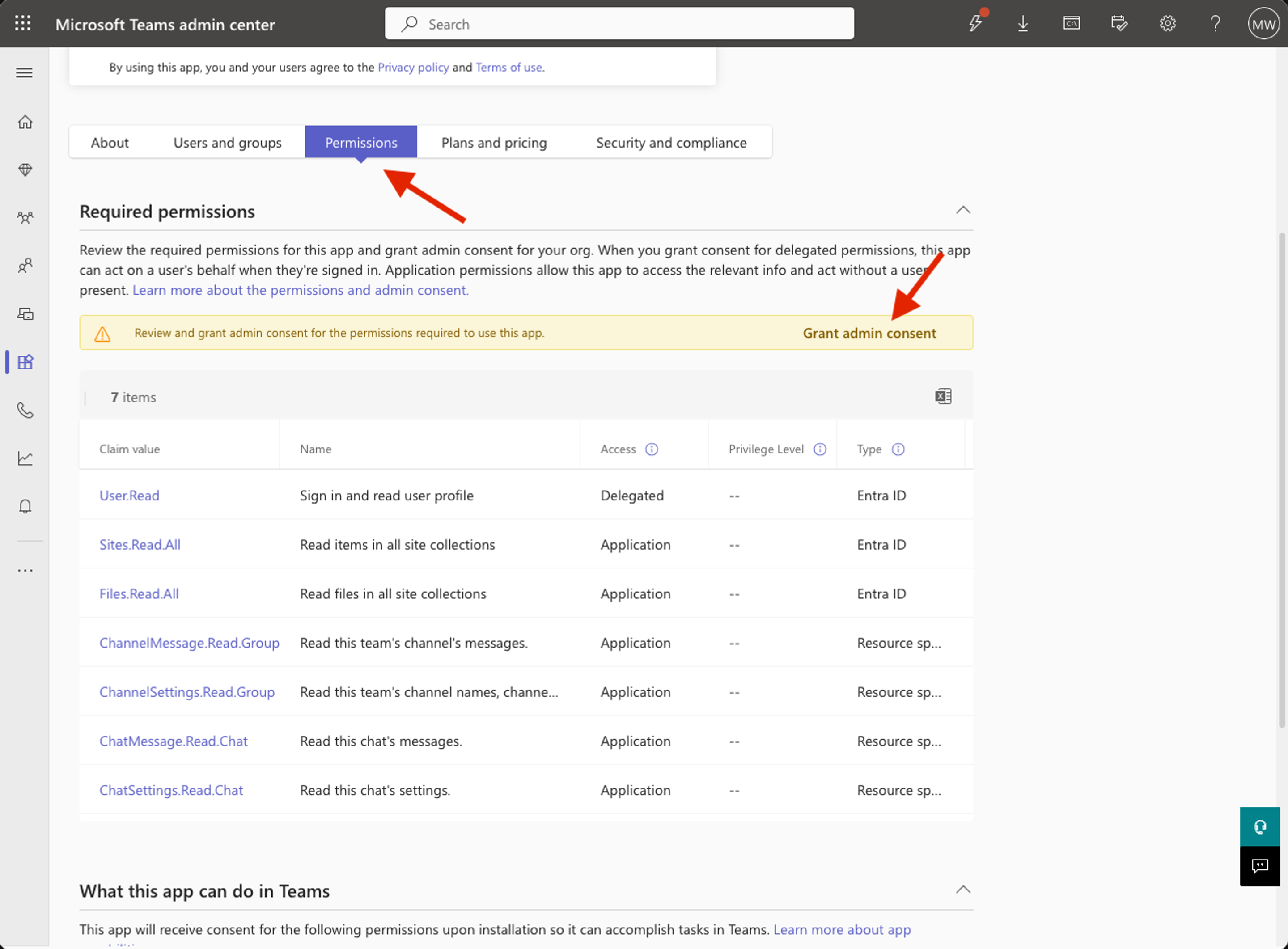 Granting admin consent in MS teams