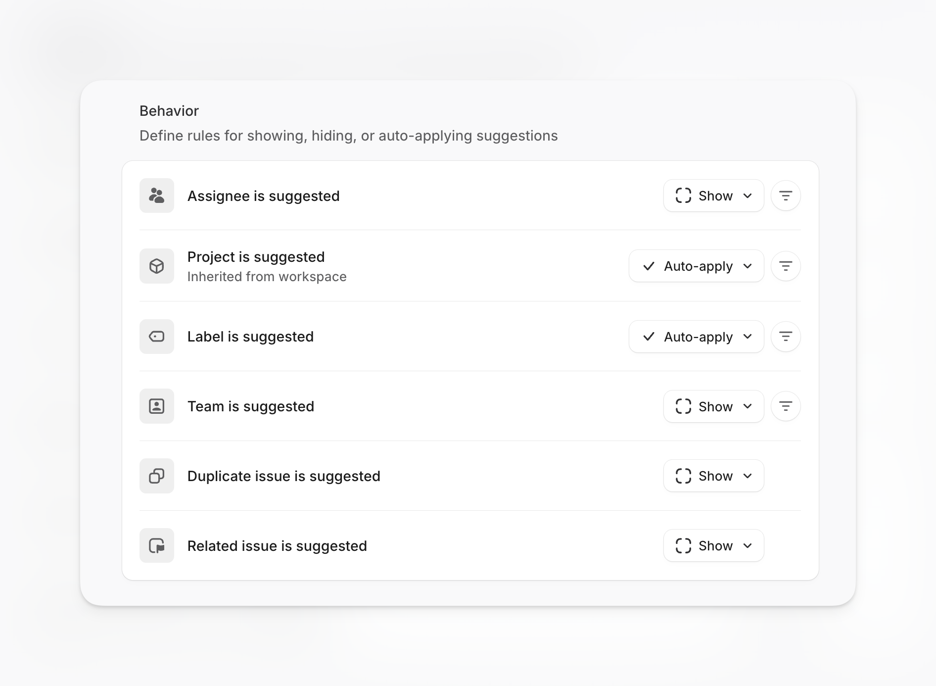 Image displays show, auto-apply, and hide options in team settings for product intelligence