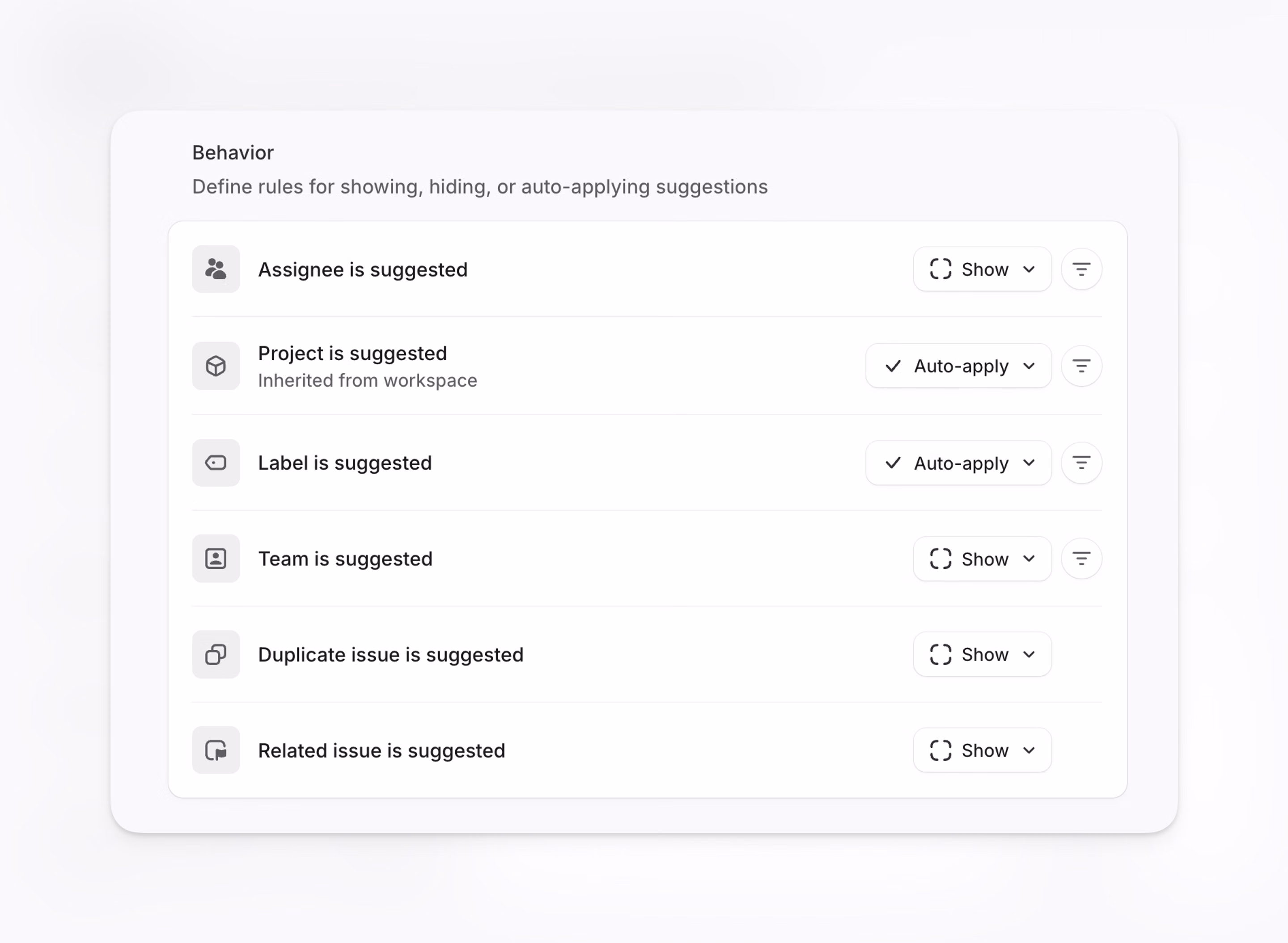 Image displays show, auto-apply, and hide options in team settings for product intelligence