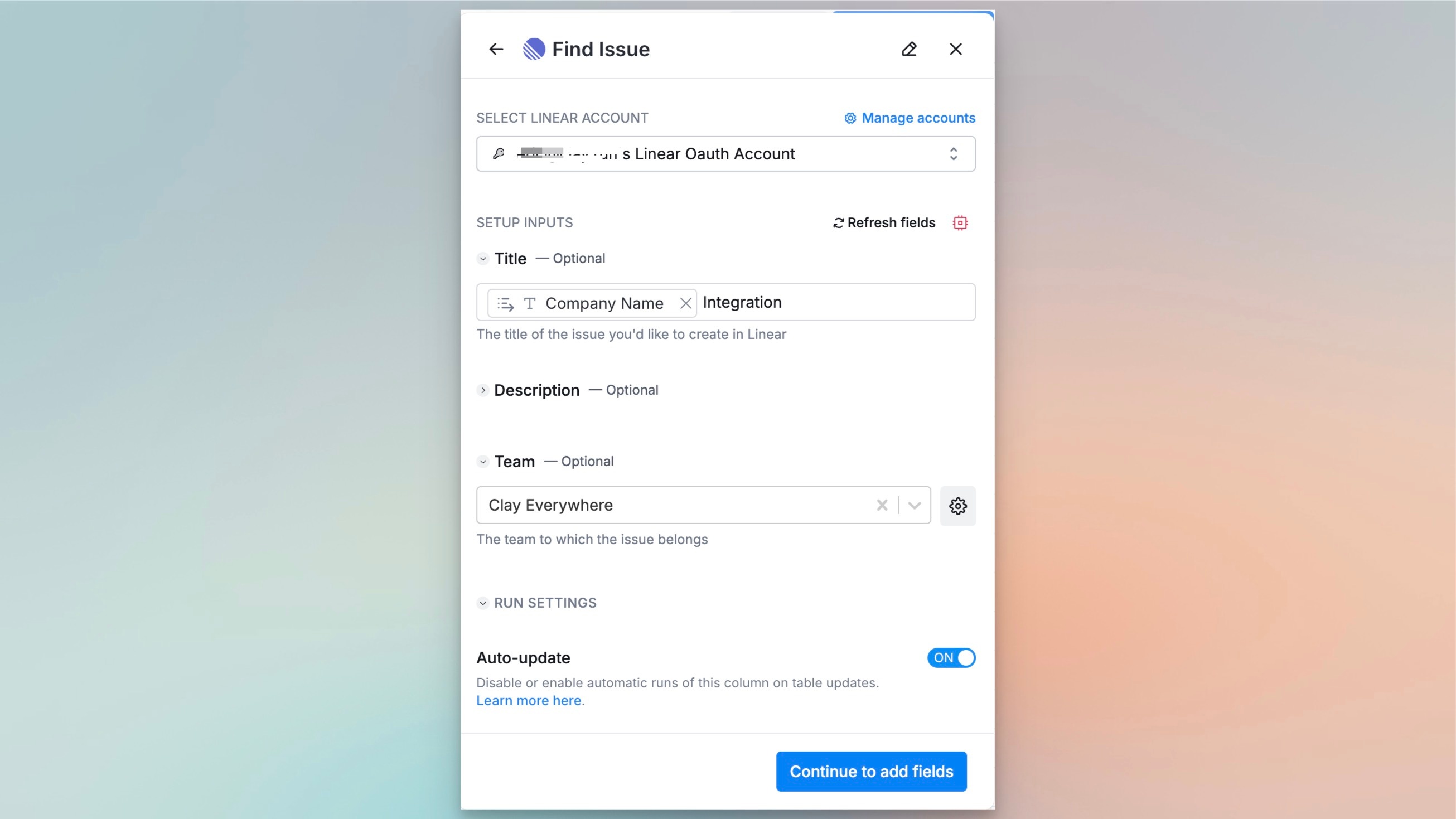 A modal showing searching for Linear issues within Clay