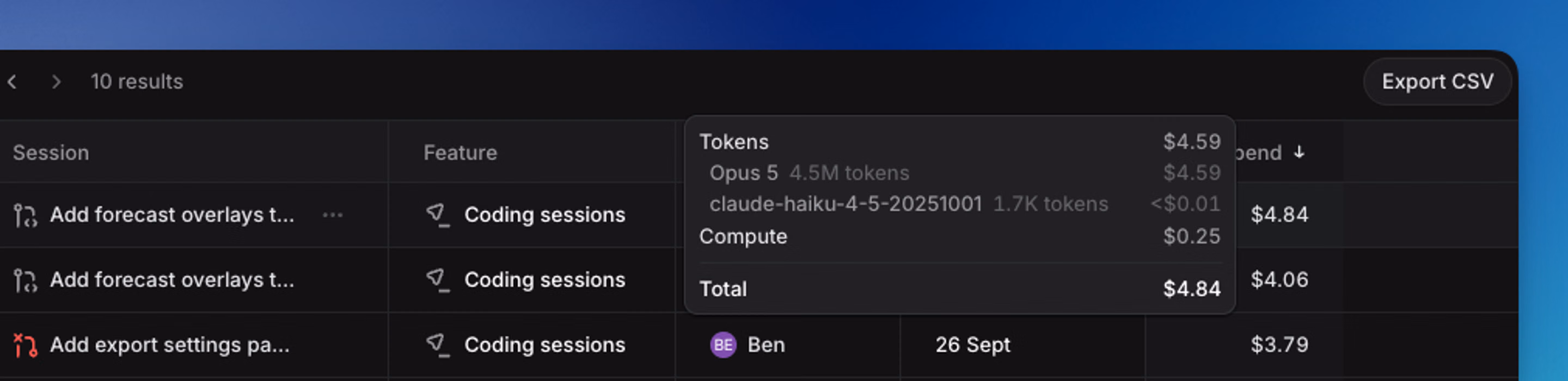 Session cost breakdown showing model tokens, compute, and total cost