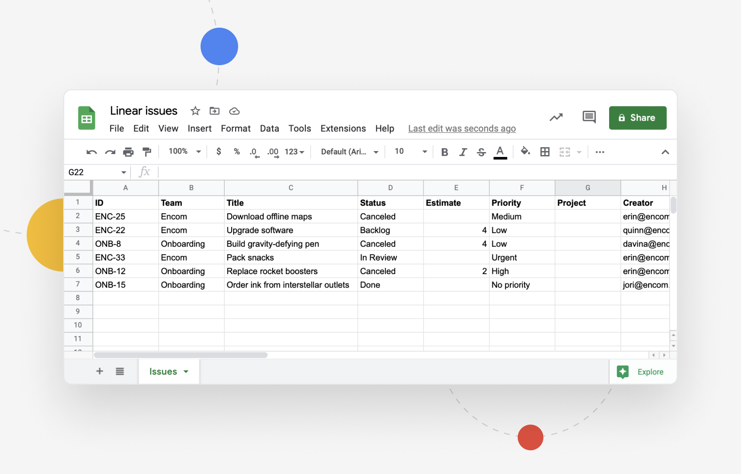 A Google Sheets spreadsheet of Linear issues and their metadata