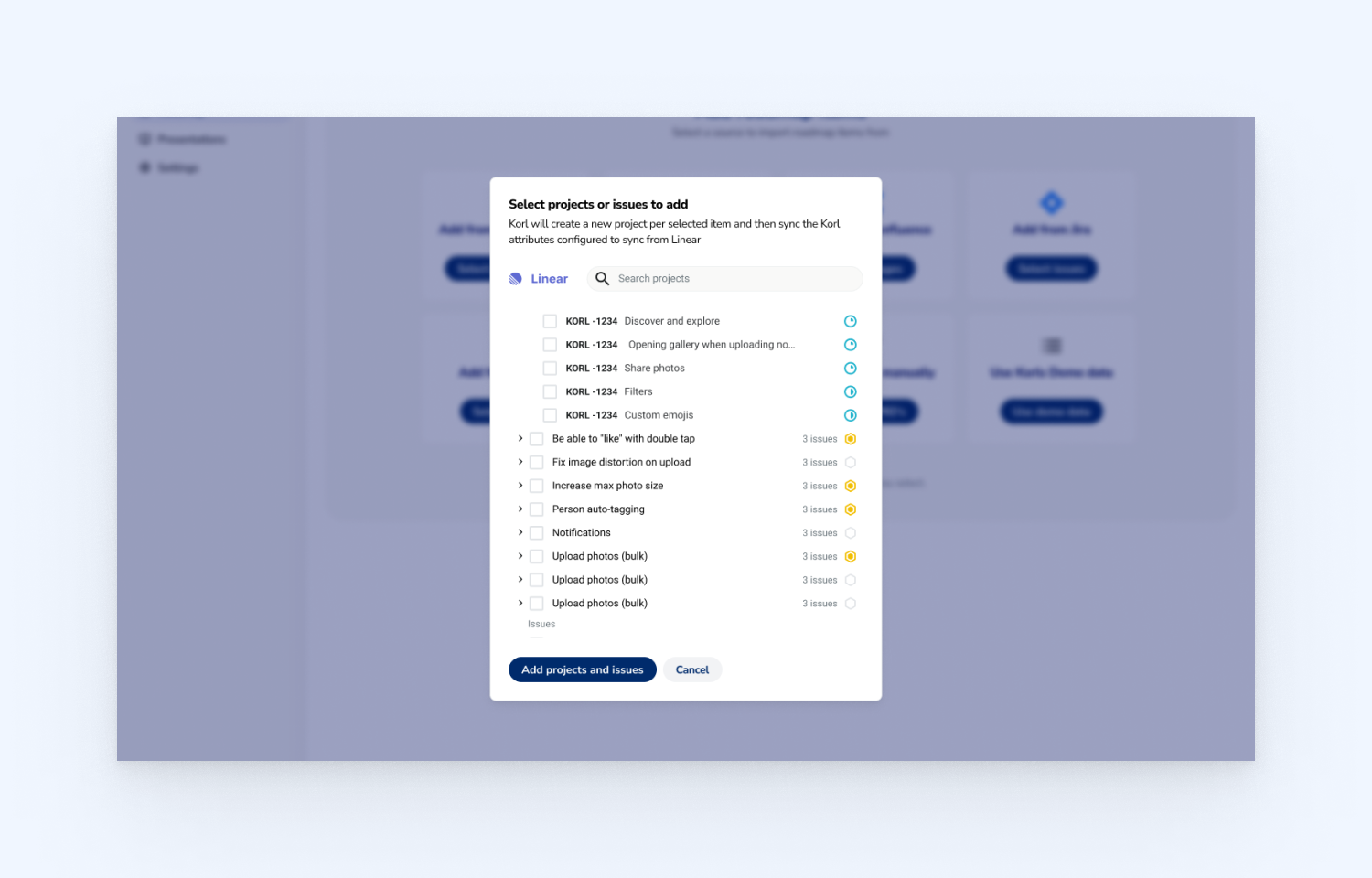 Select all your Linear projects and issues to add to Korl