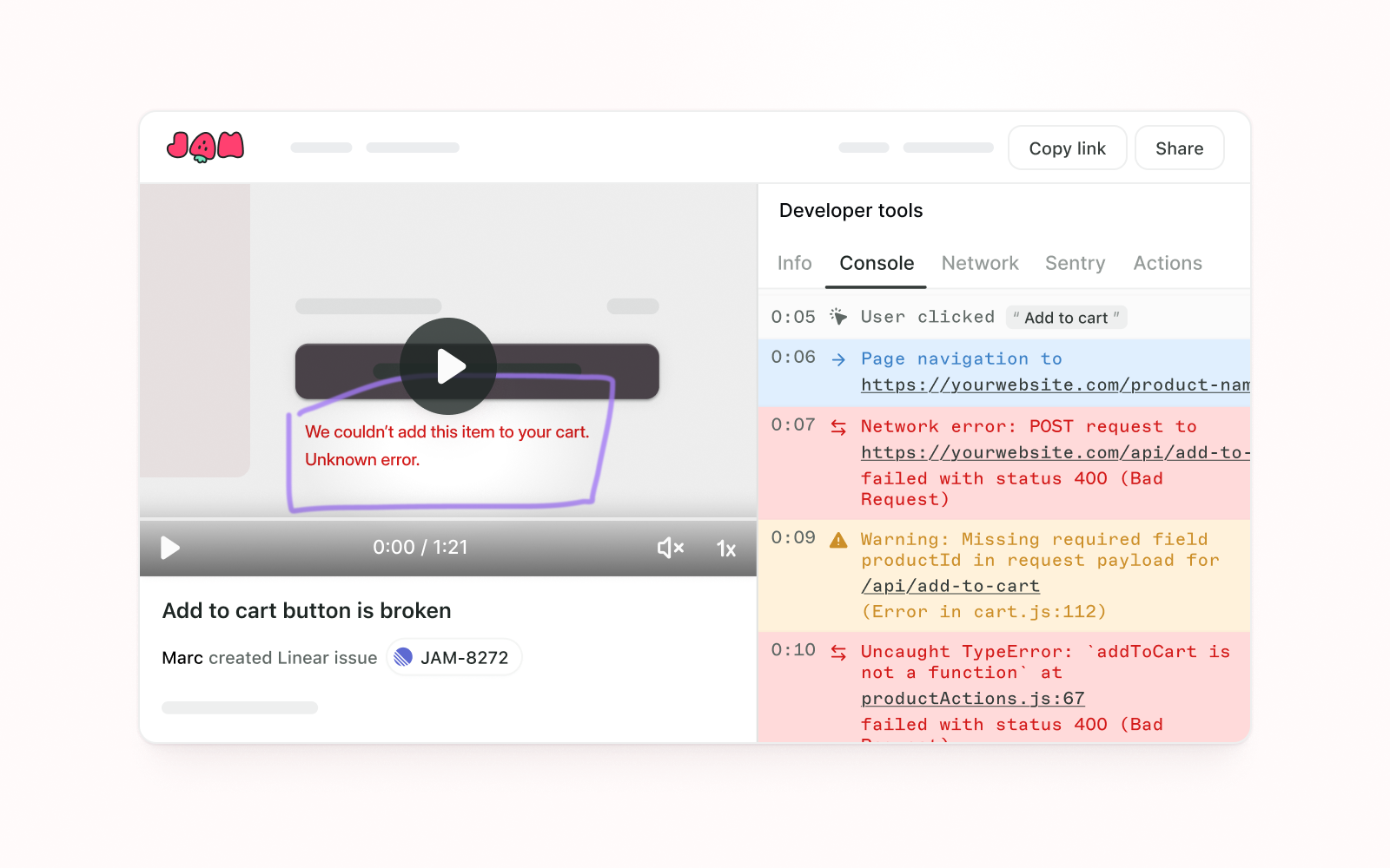 Jam interface showing console log errors captured