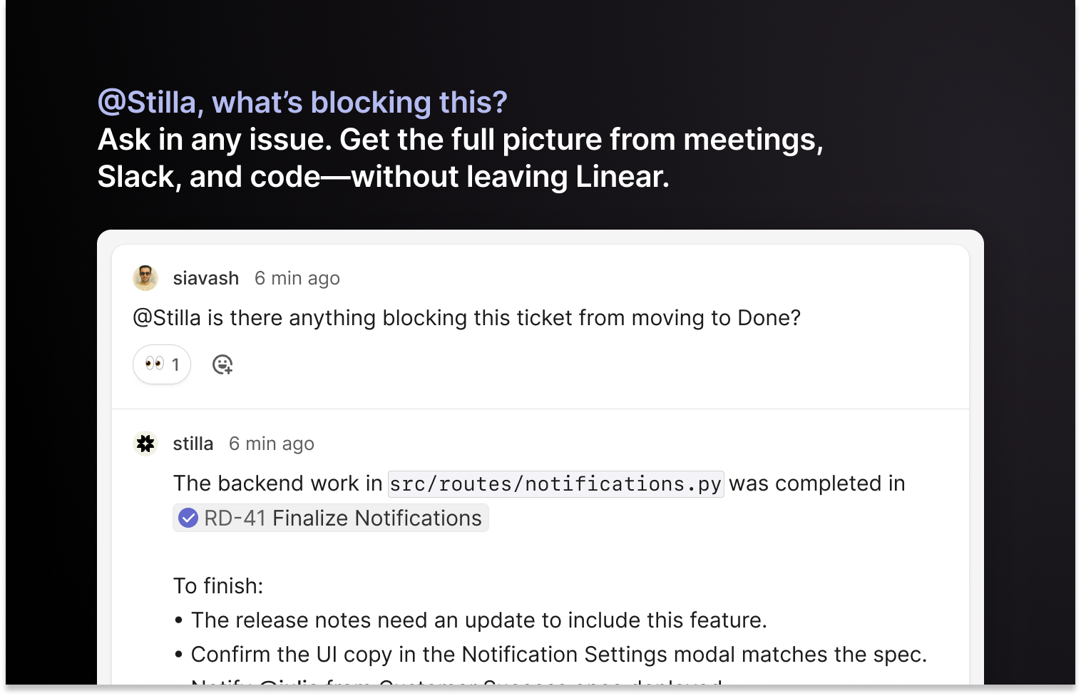 @mentioning the Stilla agent in Linear to ask a question