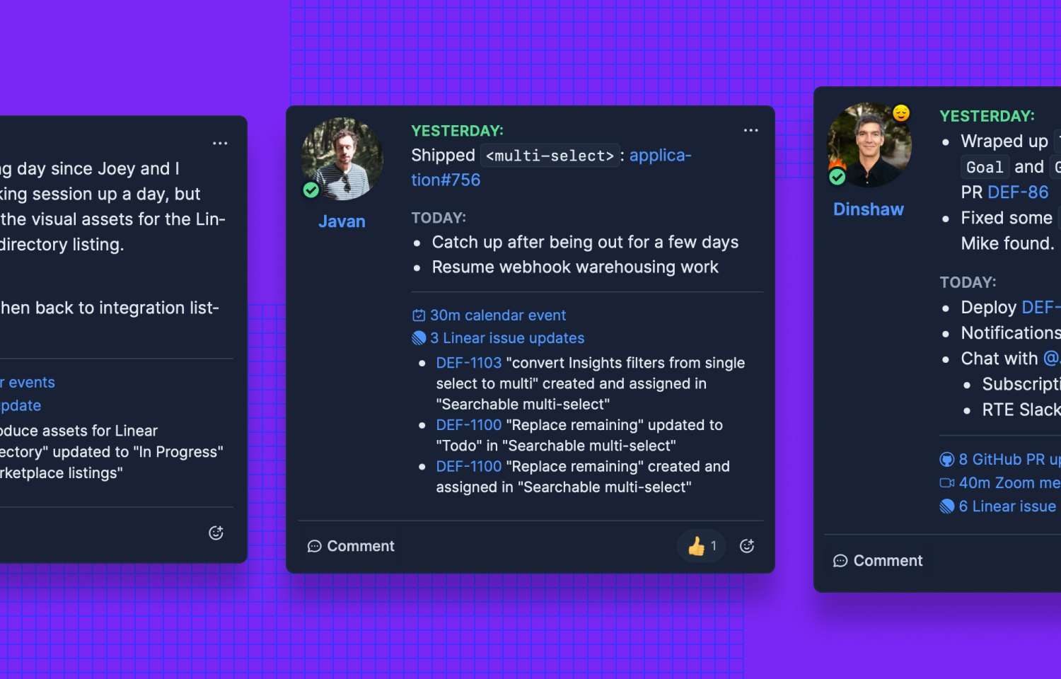 Updates from team members showing Linear issue activity