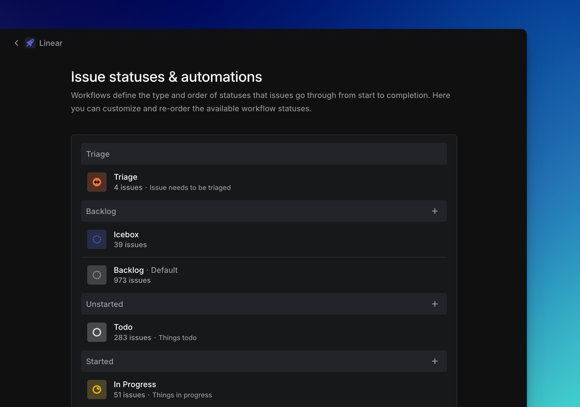 Image showing the workflow settings in a Linear workspace and the workspace statuses.