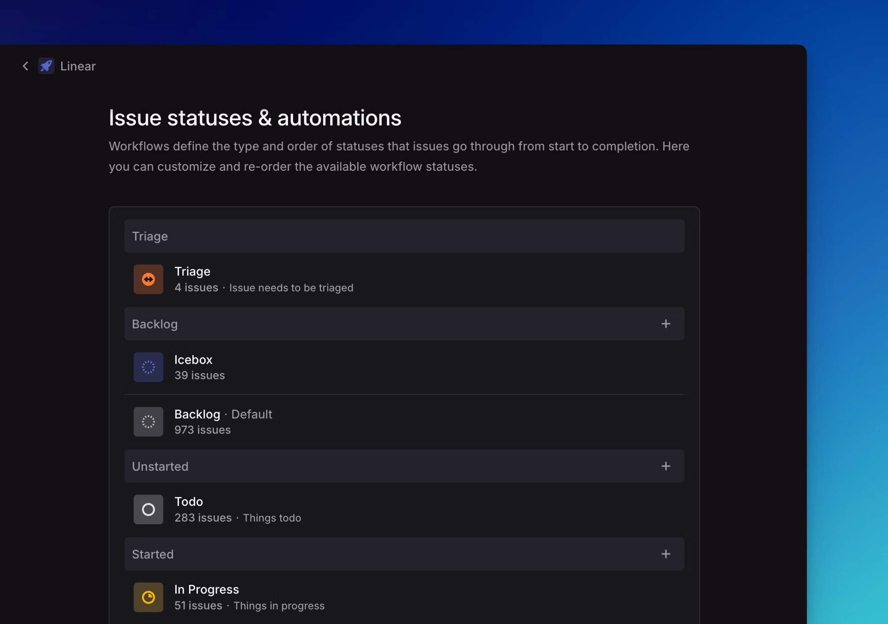 Image showing the workflow settings in a Linear workspace and the workspace statuses.