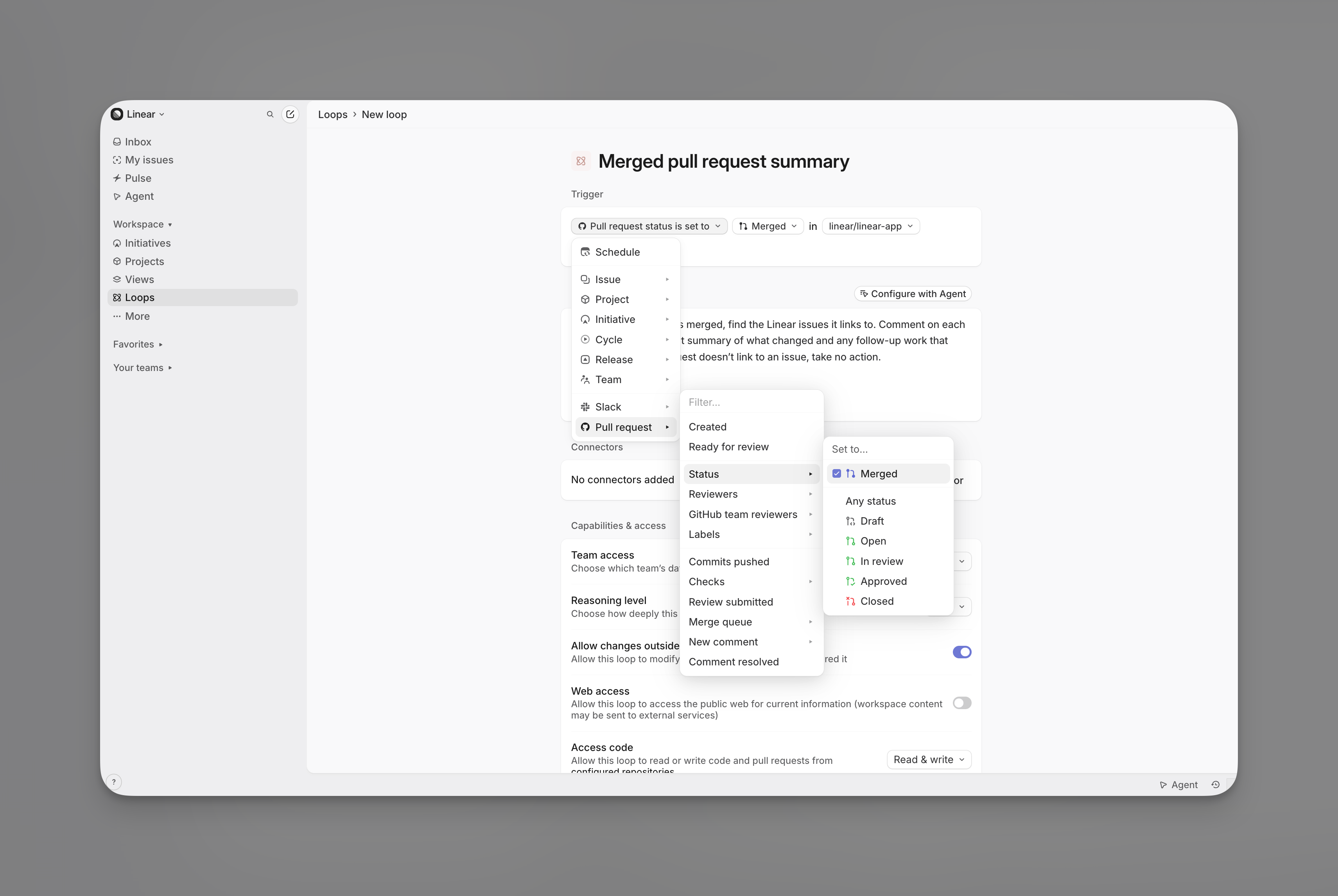 Loop trigger set to Pull request status is set to Merged in a connected GitHub repository, with instructions to comment on linked issues when a pull request is merged