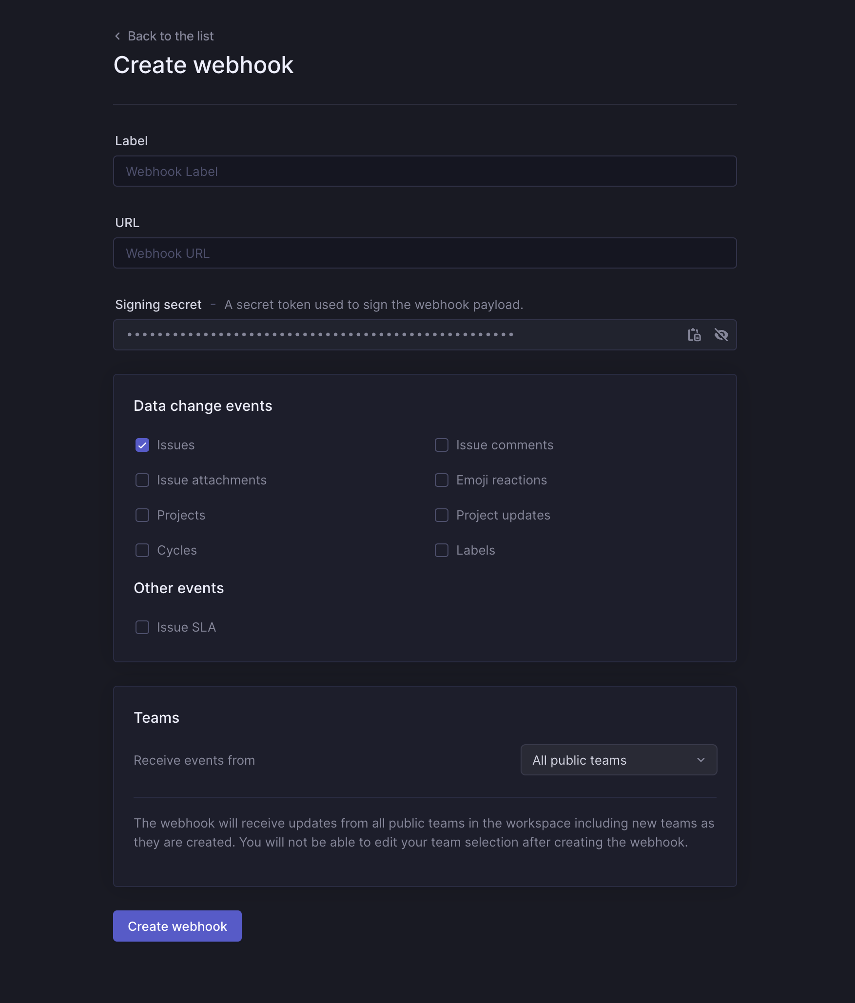 The Create webhook flow within Linear settings.