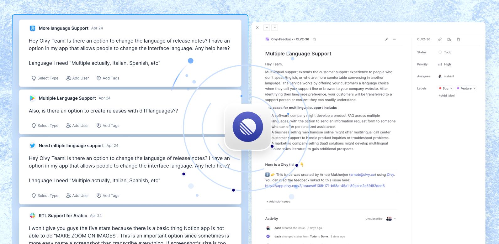 Olvy interface showing feedback, and Linear interface showing issue created 