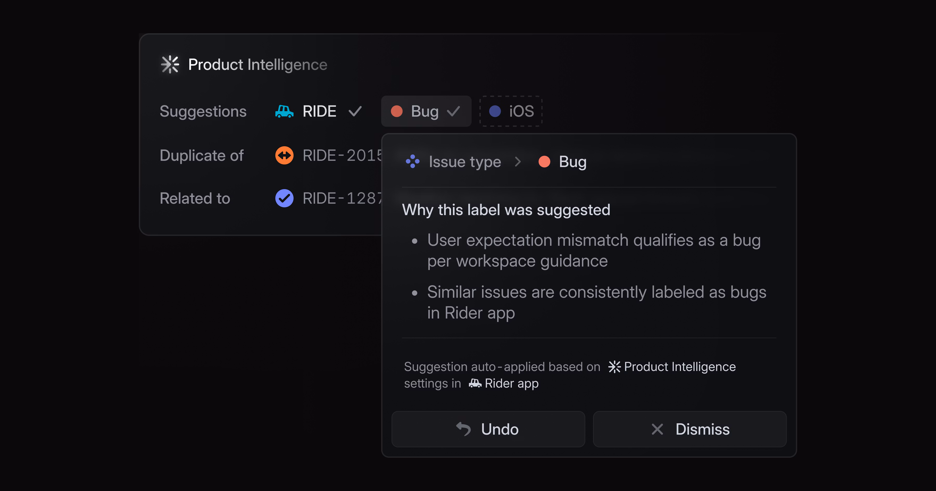 Linear product intelligence interface showing that the bug label was auto-applied and showing reasoning (it was suggested because it matched similar issues that are labeled as bugs). The team was also auto-applied (Rider app team) but the iOS label was only suggested, since the settings are limited to only auto-applying the bug label.