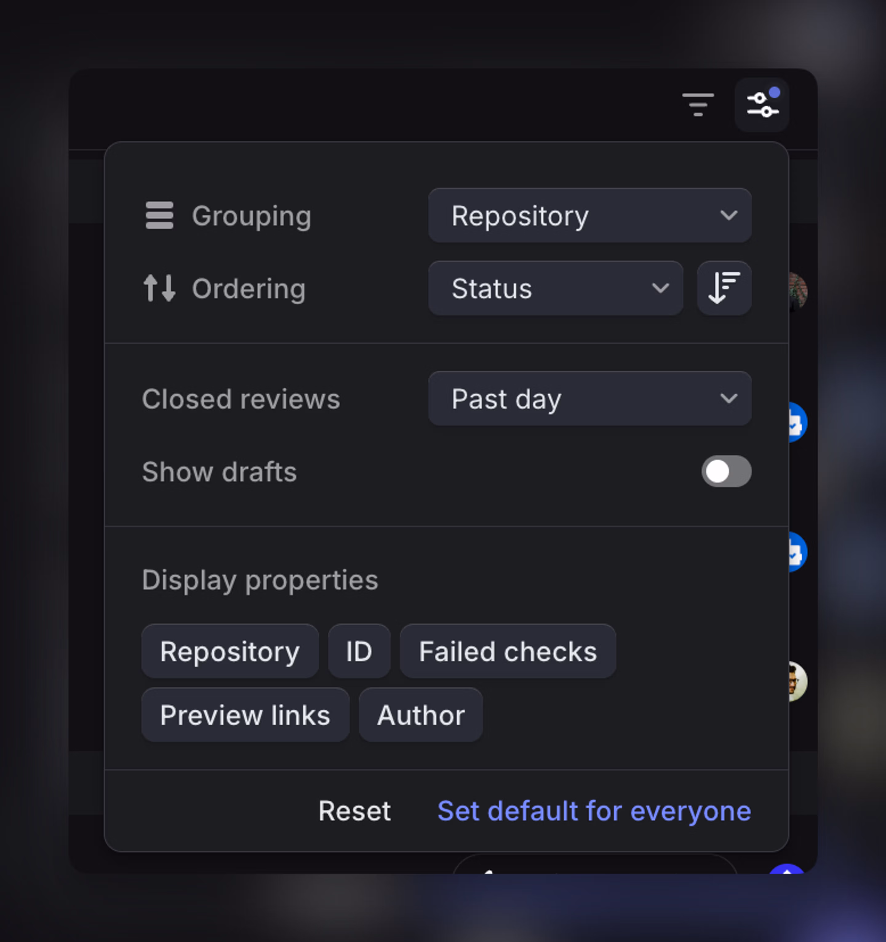 Code review Display settings