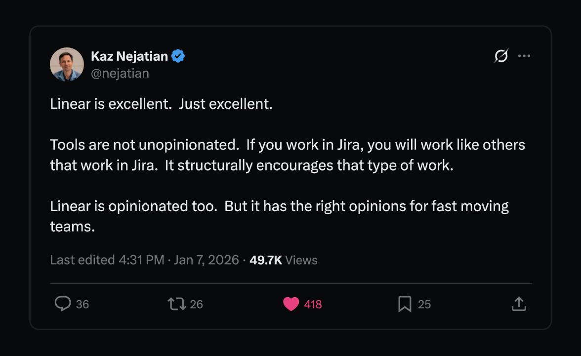 A tweet from Kaz talking about Linear.
