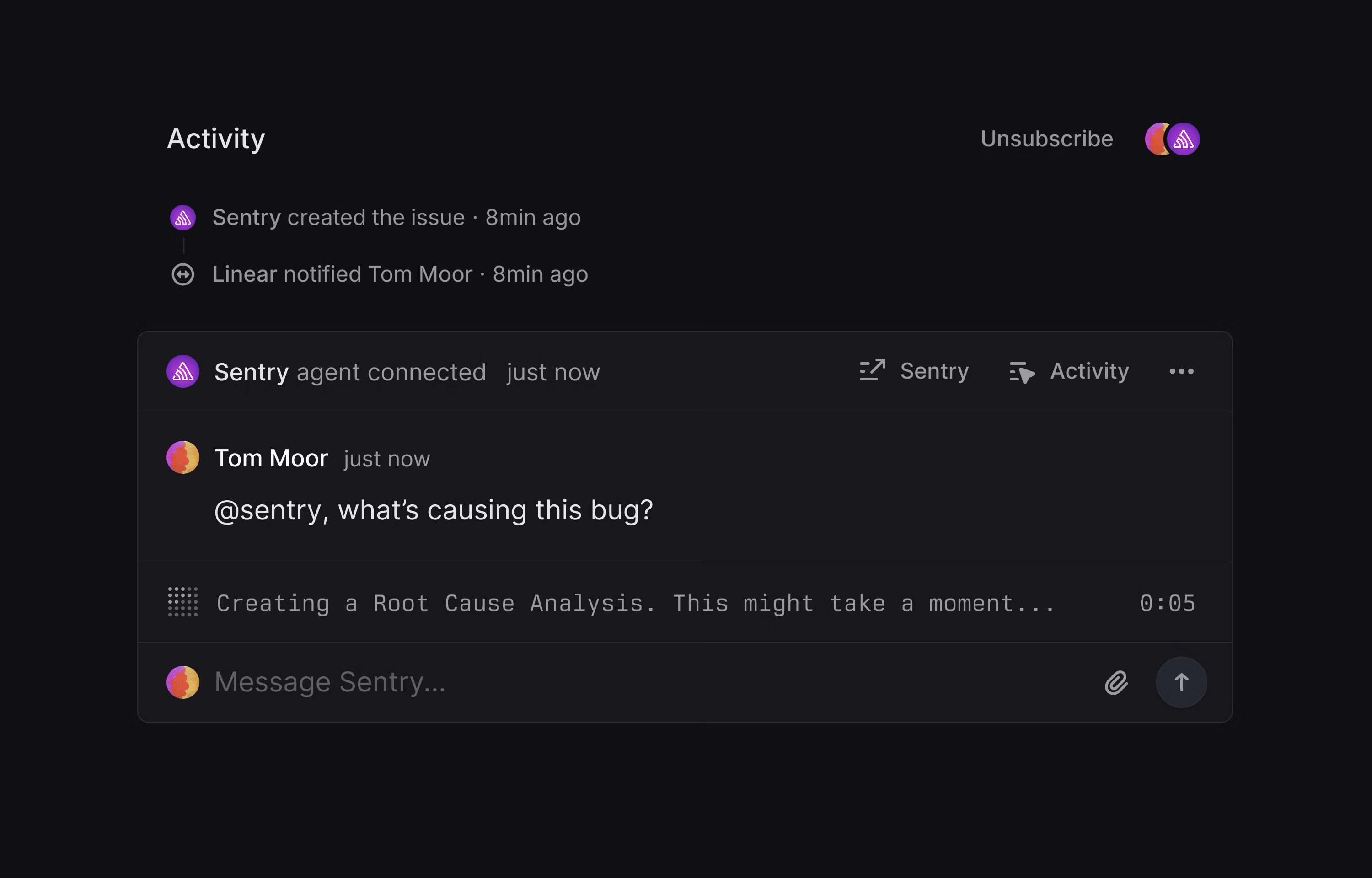 Sentry agent connects to the issue and responds in real time
