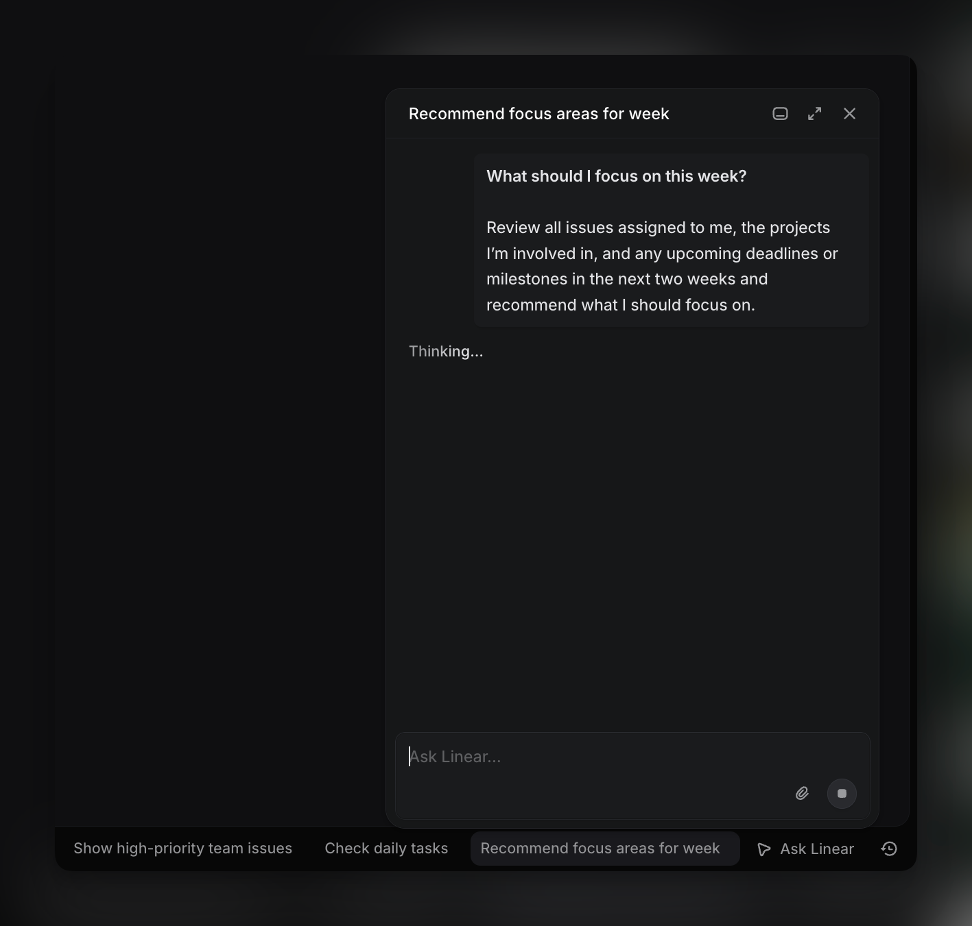 Linear supports multiple open chats at once. In the toolbar, each open chat appears as a tab so you can switch between topics without losing context.