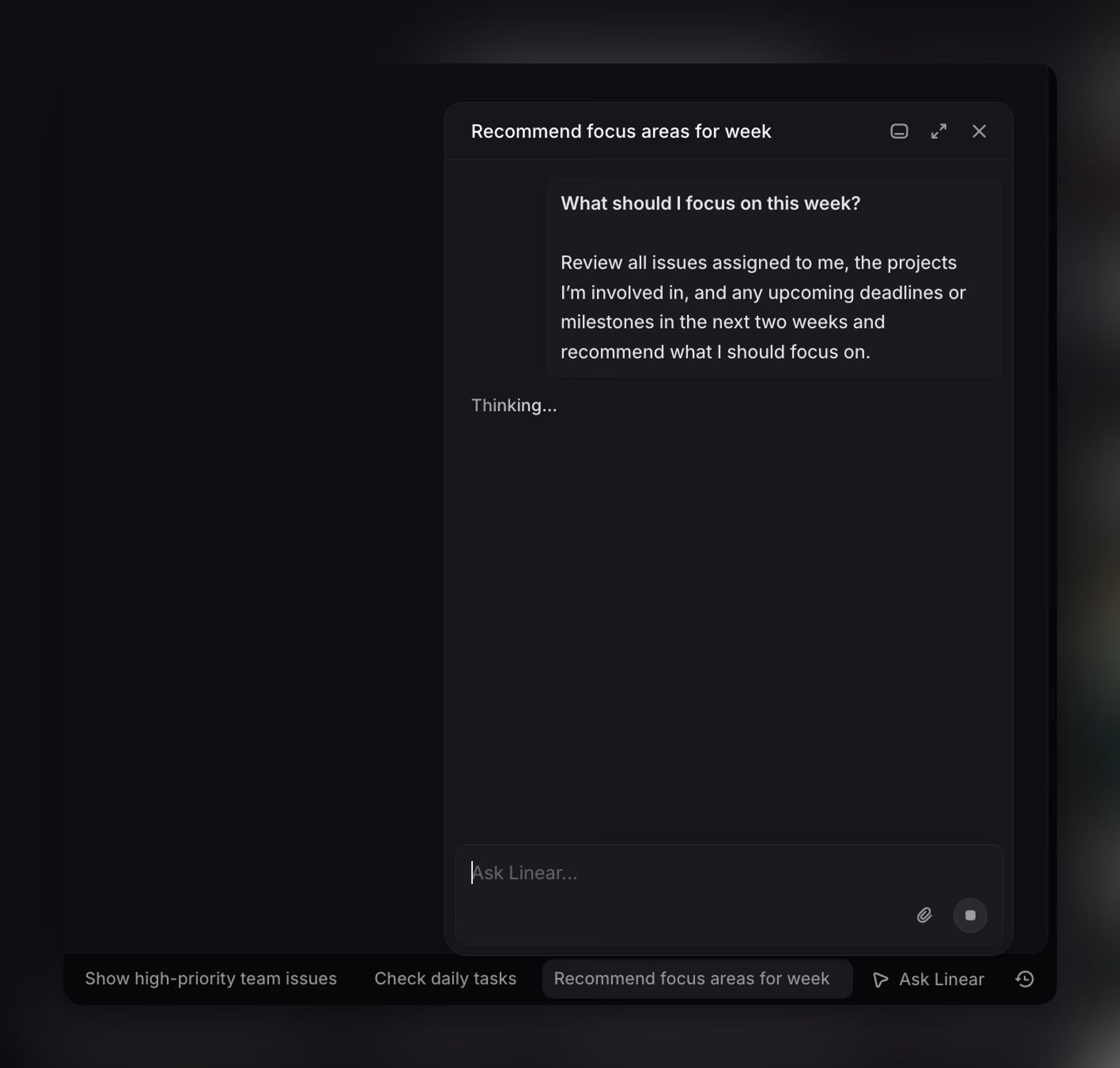 Linear supports multiple open chats at once. In the toolbar, each open chat appears as a tab so you can switch between topics without losing context.