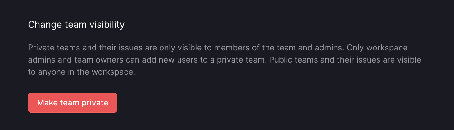 "Change team visibility" section in Team settings.