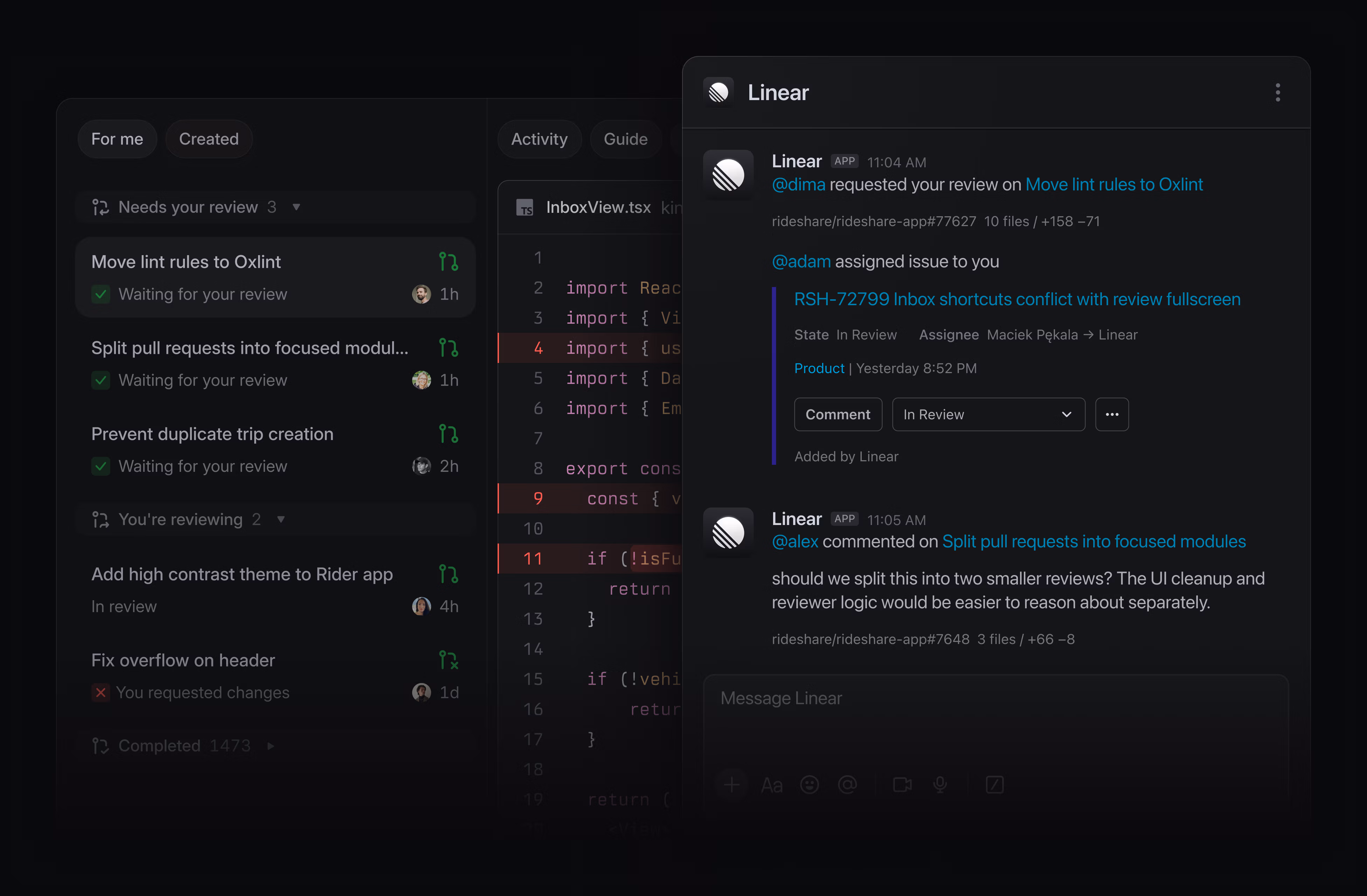 Linear UI showing Slack and native Linear notifications.