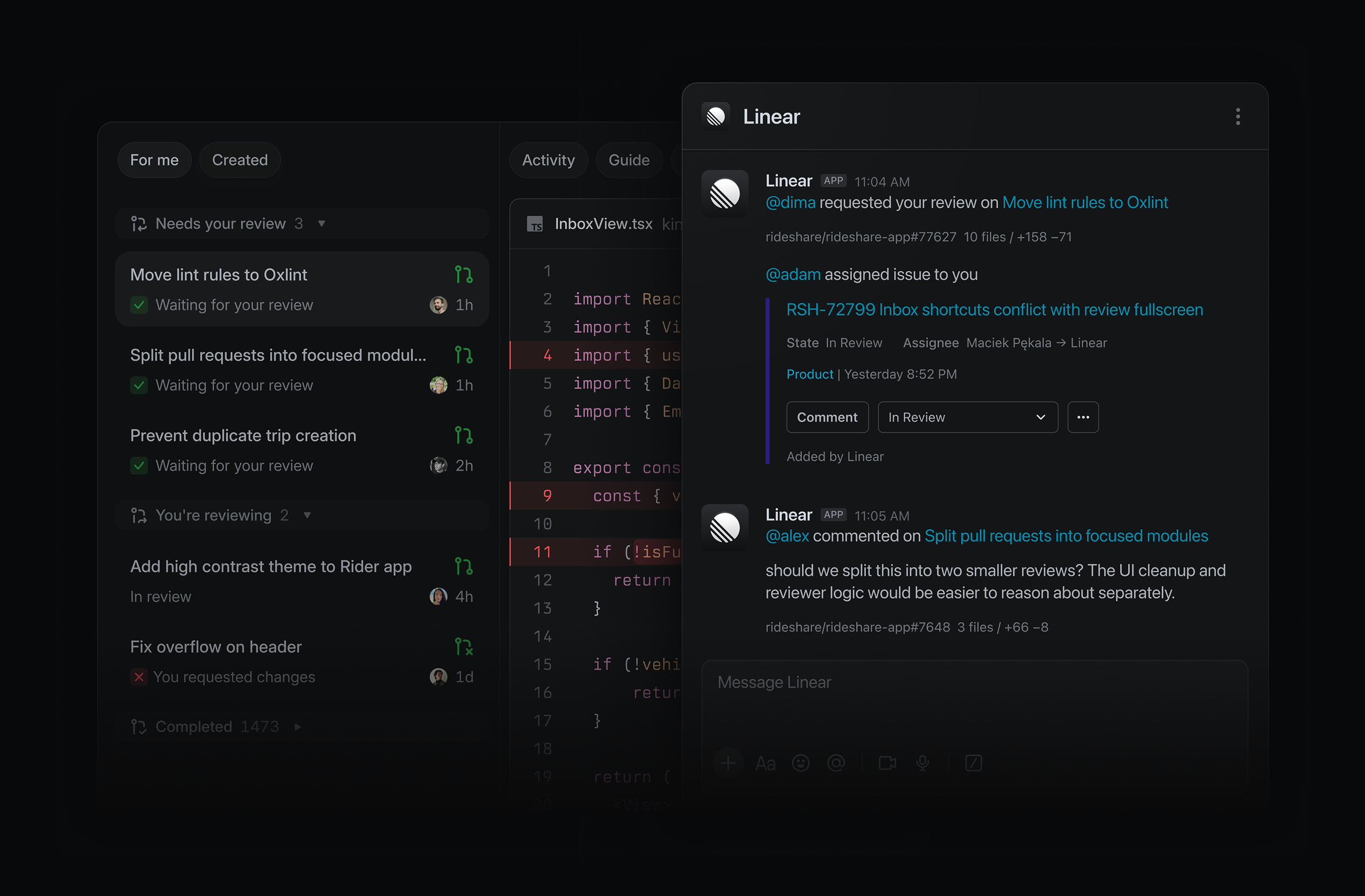 Linear UI showing Slack and native Linear notifications.