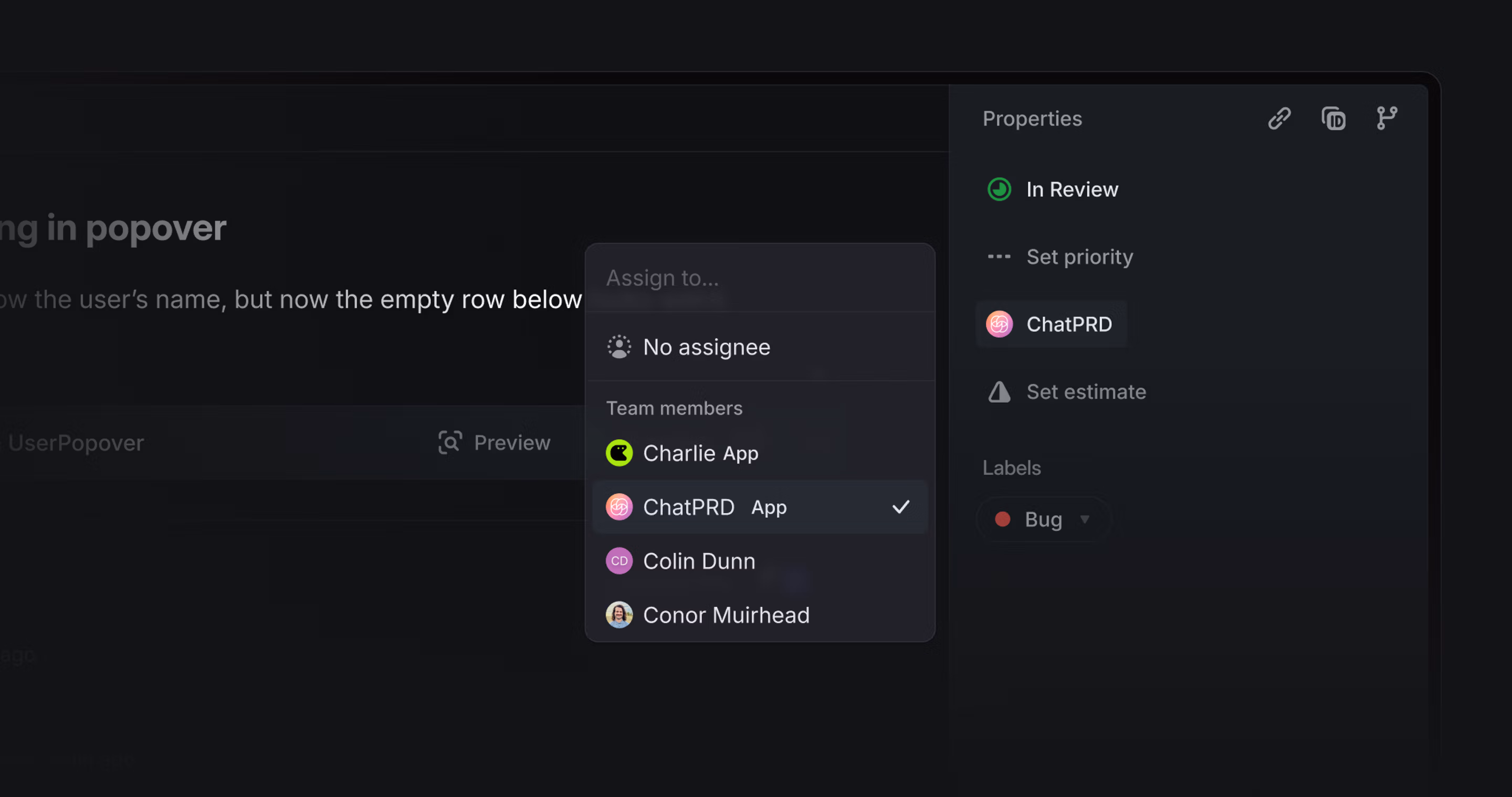list of agents in assignee menu, Charlie and ChatPRD are visible