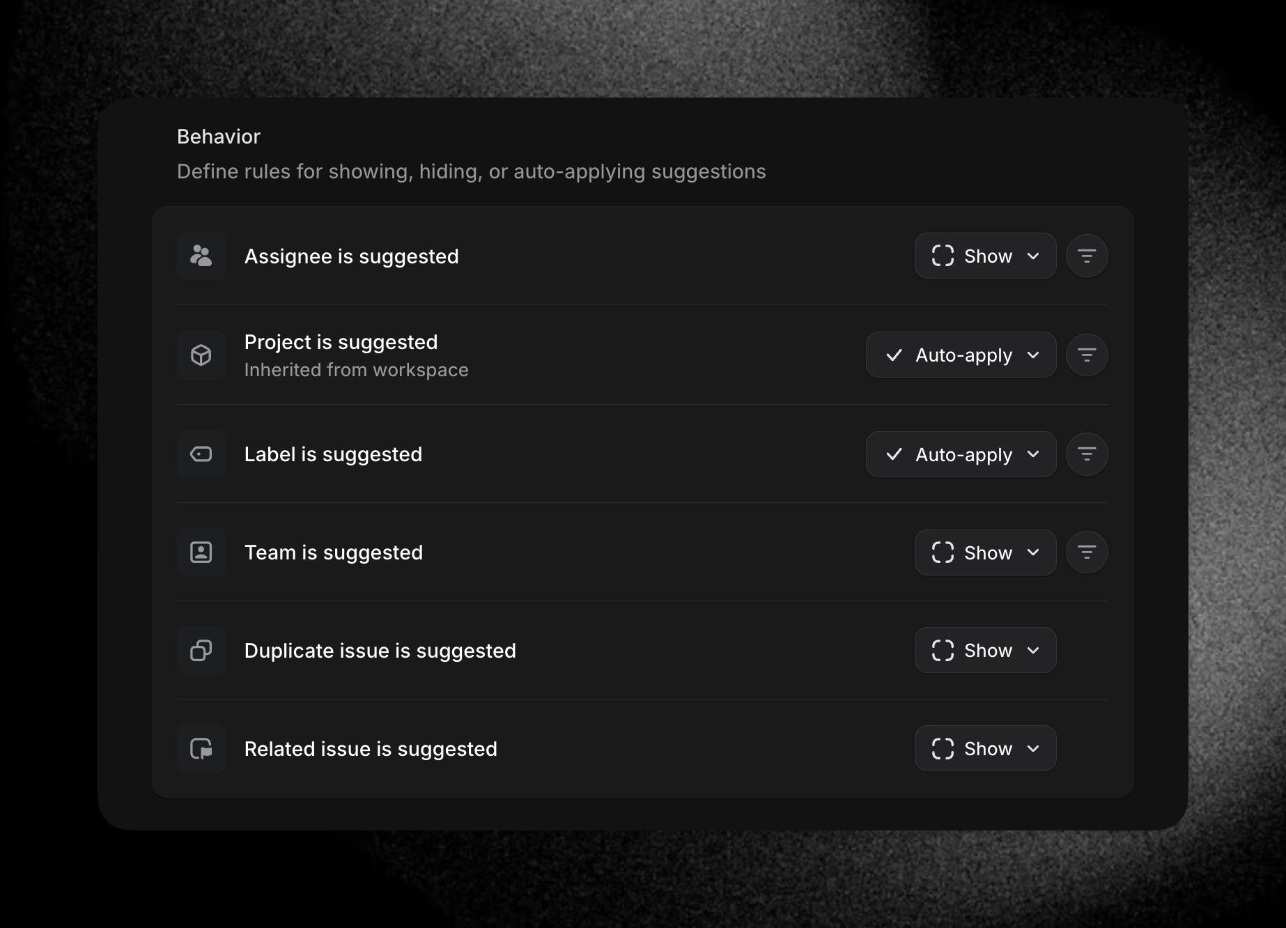 Image displays show, auto-apply, and hide options in team settings for product intelligence