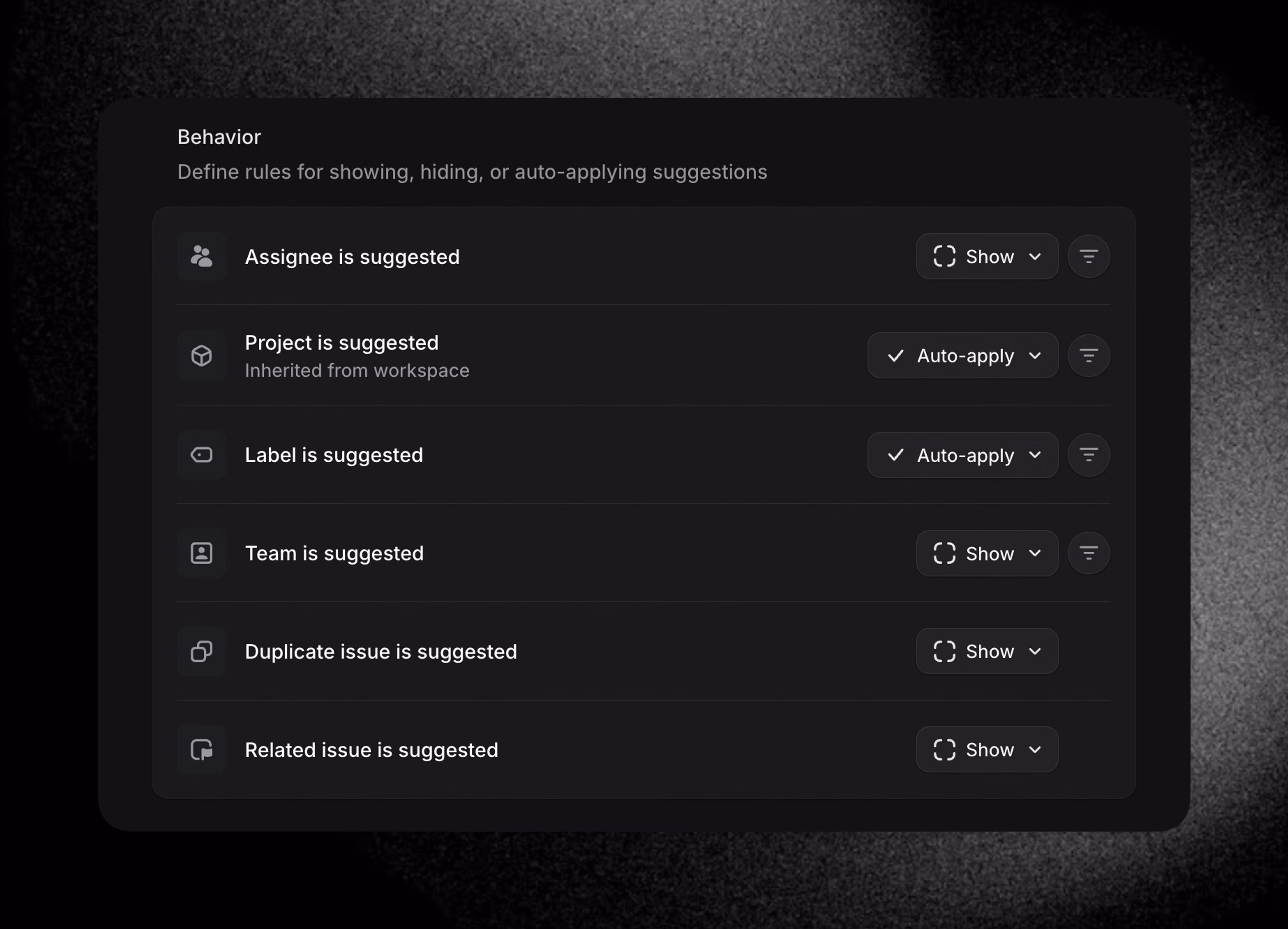 Image displays show, auto-apply, and hide options in team settings for product intelligence