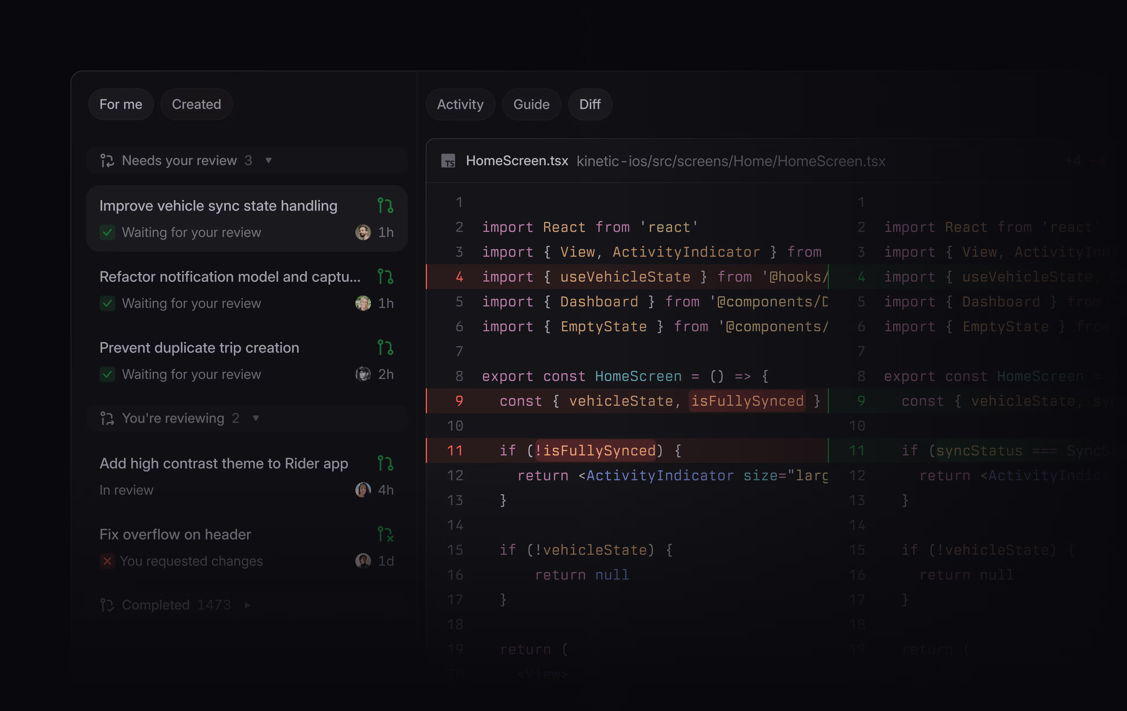 UI showing the Reviews tab in Linear