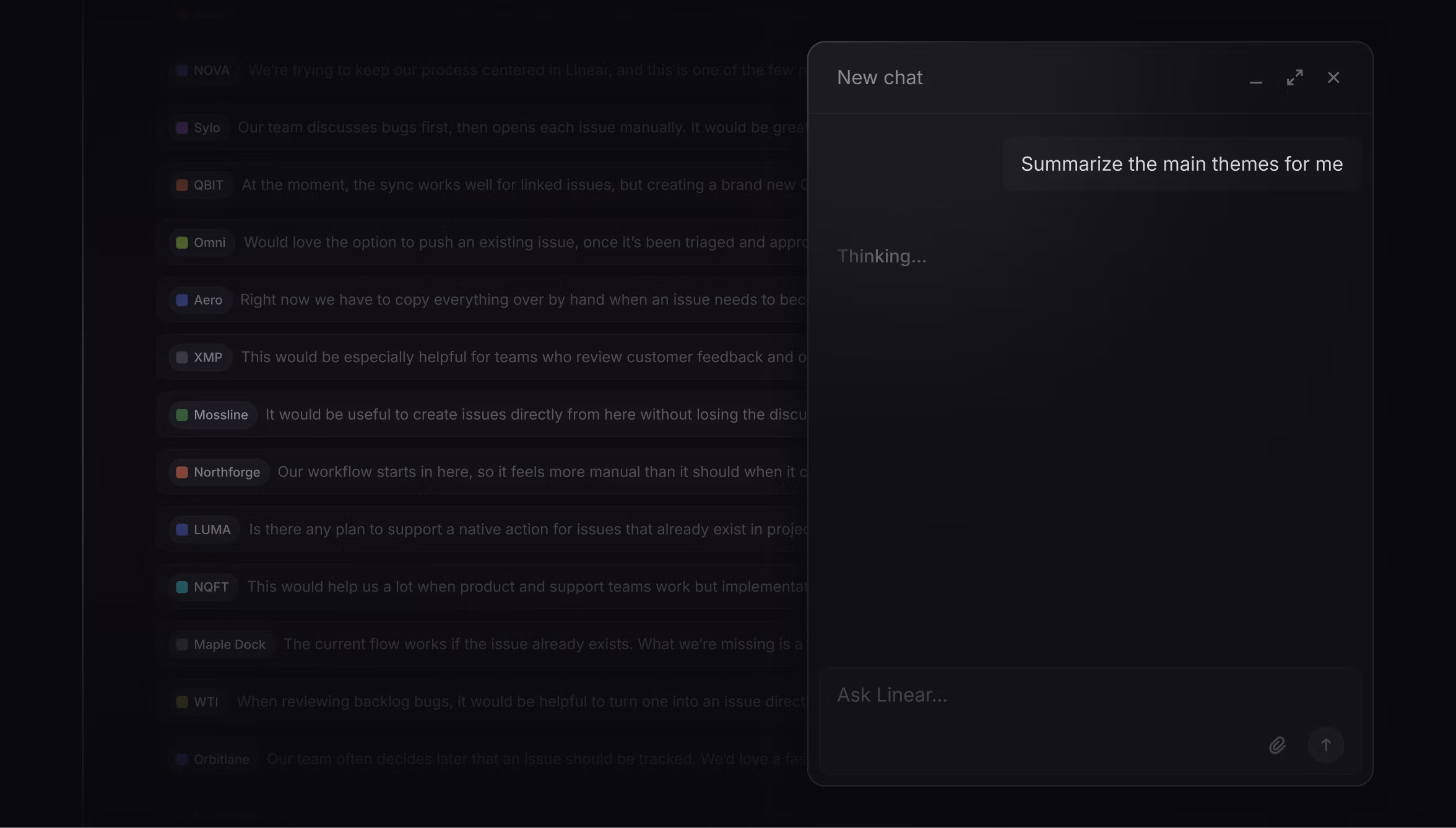 Dark UI mockup of an AI chat panel summarizing discussion themes inside Linear.