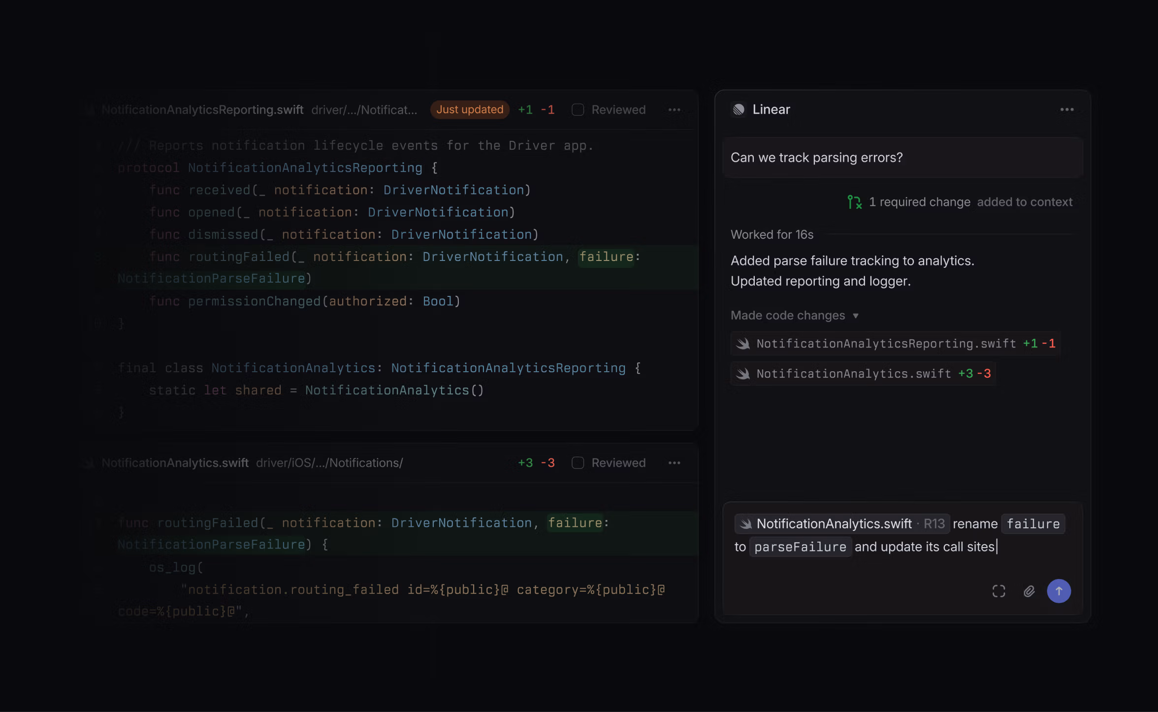 Linear UI showing a code change being made with Linear Agent.