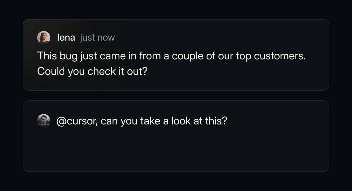 A screenshot of a comment thread in Linear, where a user tells @cursor to take a look at the issue