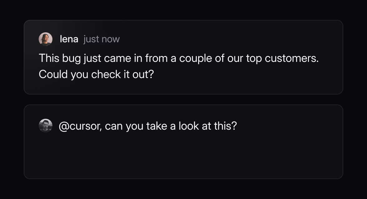 A screenshot of a comment thread in Linear, where a user tells @cursor to take a look at the issue
