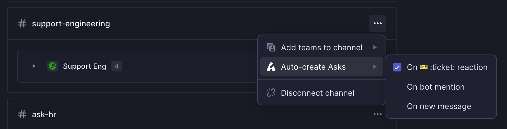 Settings showing Asks auto-create on new message turned on