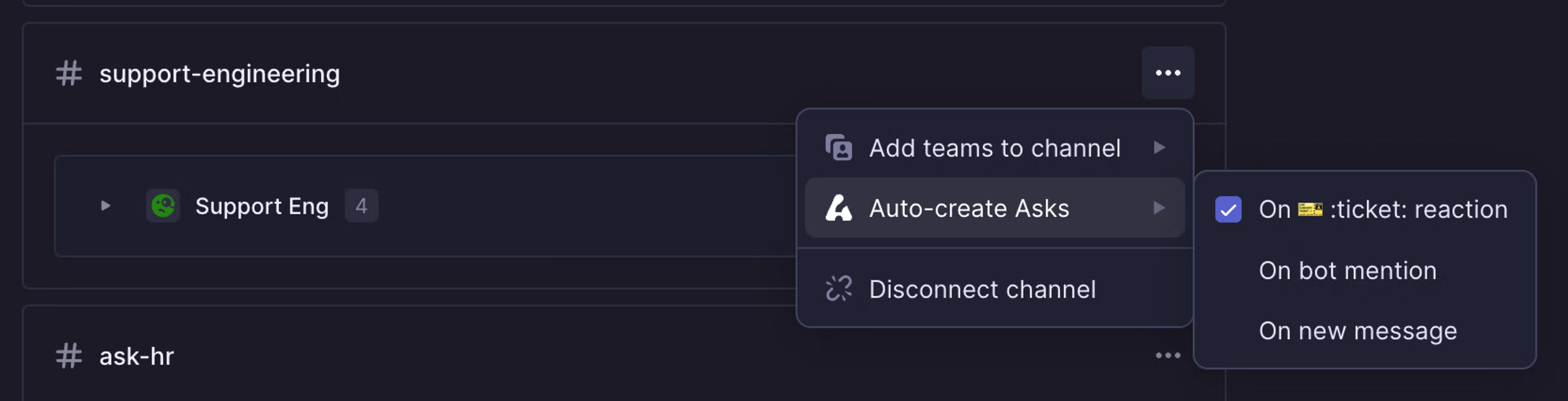 Settings showing Asks auto-create on new message turned on