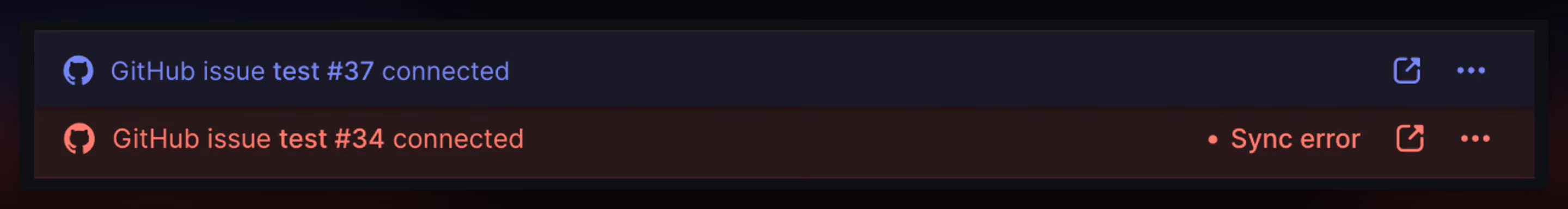 Synced issue banners showing connected and a sync error