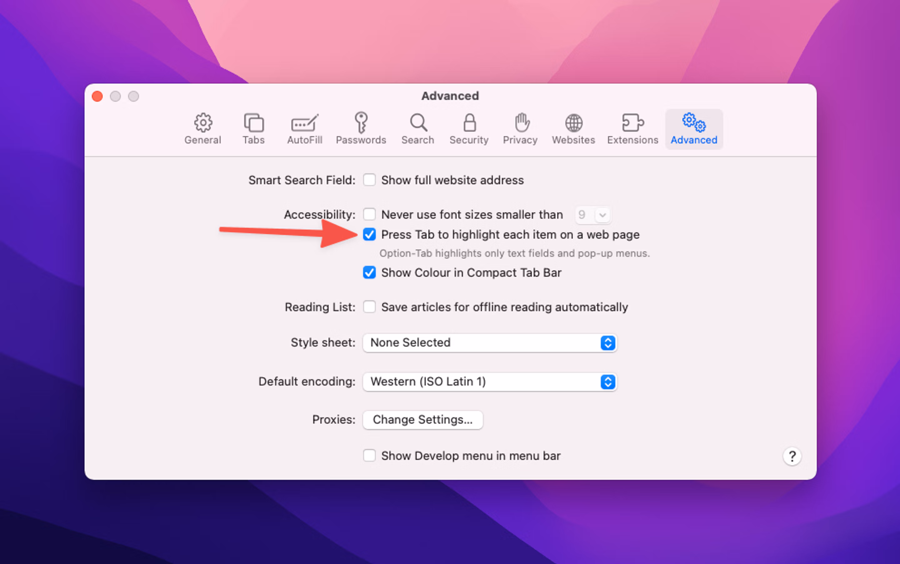 Safari accessibility preferences modal showing press tab
