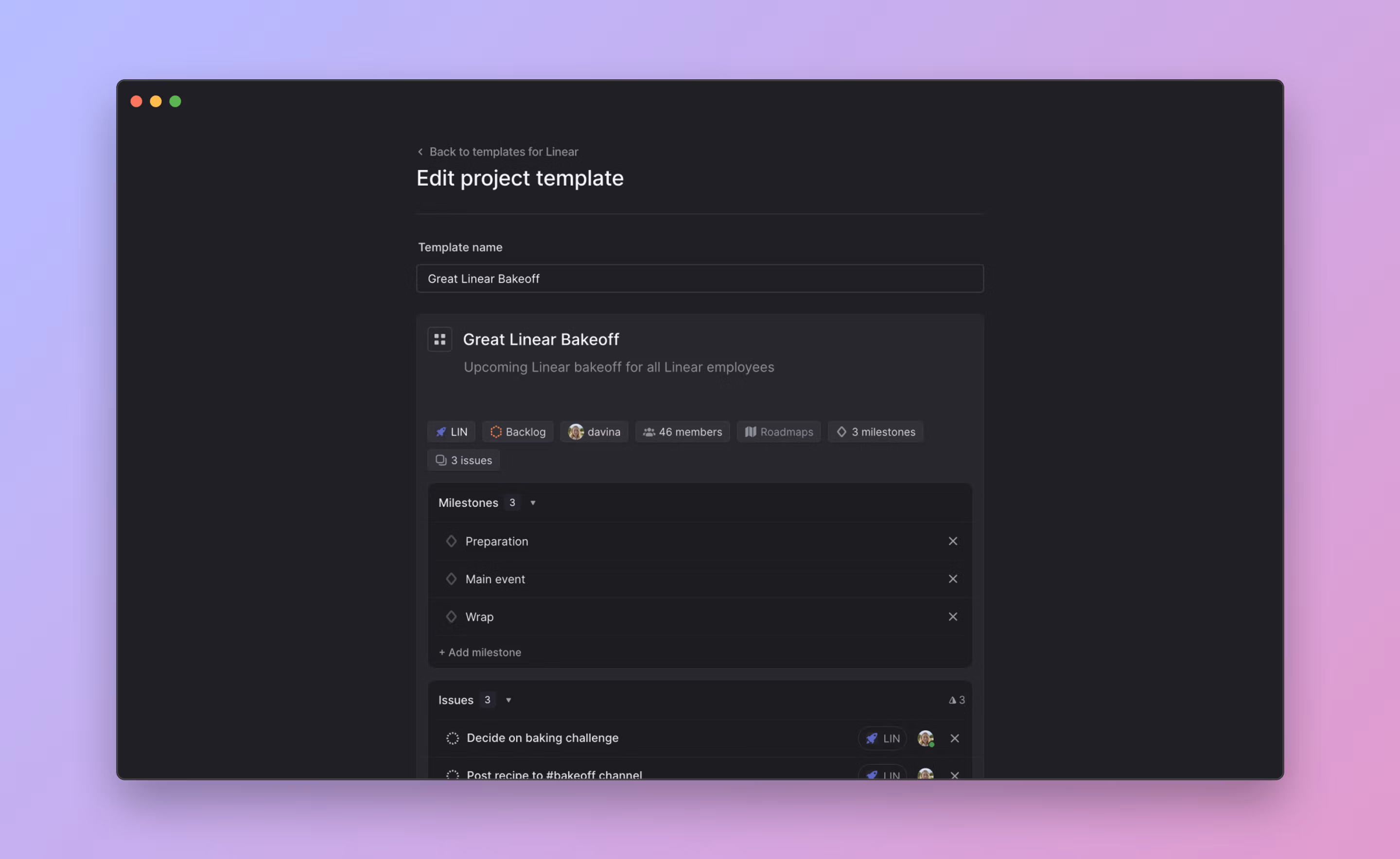Linear interface showing project template creation