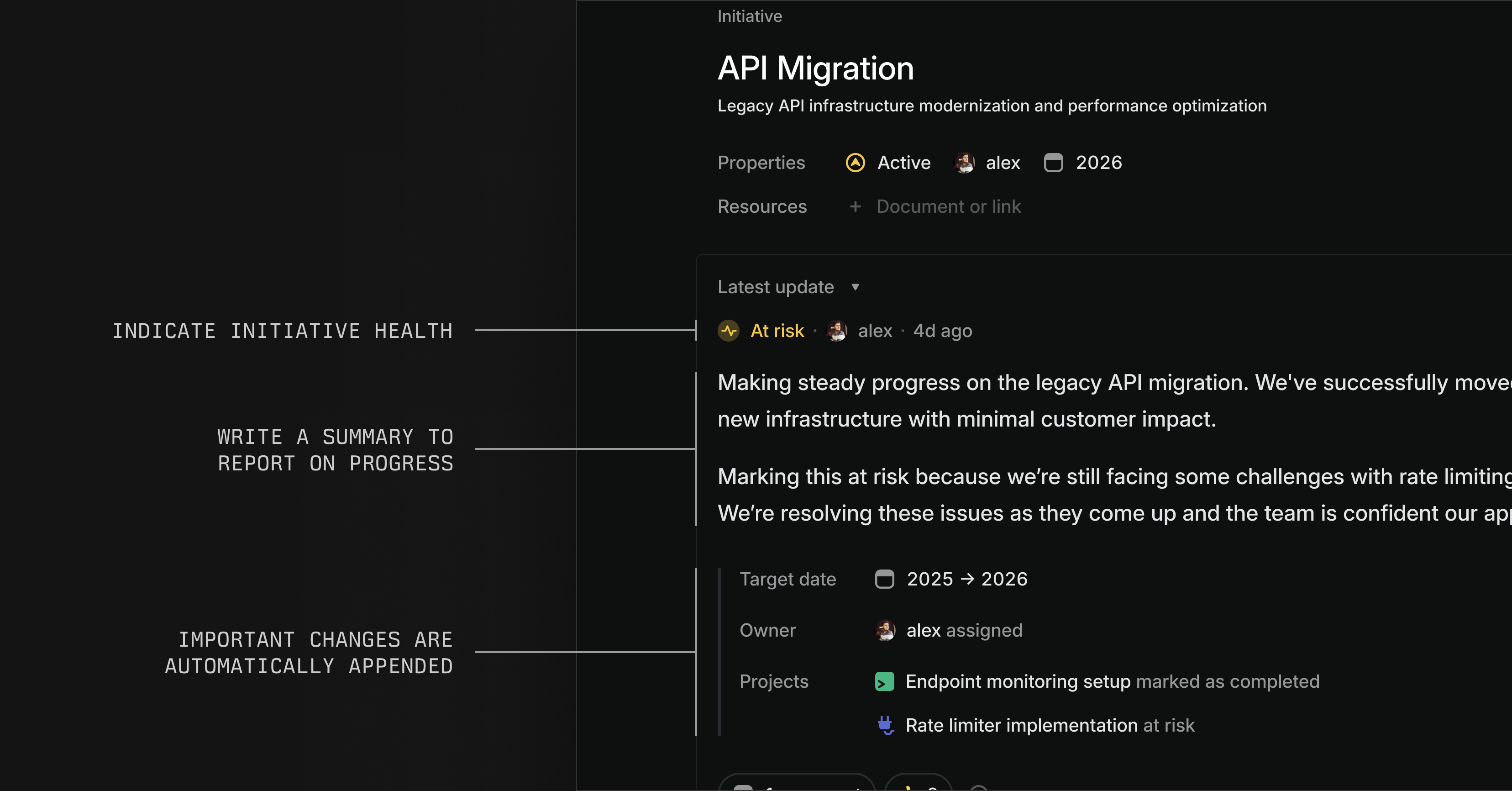 An initiative page showing the latest update at the top of the overview page. You can see that the initiative health was set to at risk for the API migration initiative. Alex, the creator of the update, also shared a short summary of progress. A summary of important changes was appended automatically to the initiative update and included a change in the target date from 2025 to 20206 and that projects in the initiative were marked as completed and at risk. 