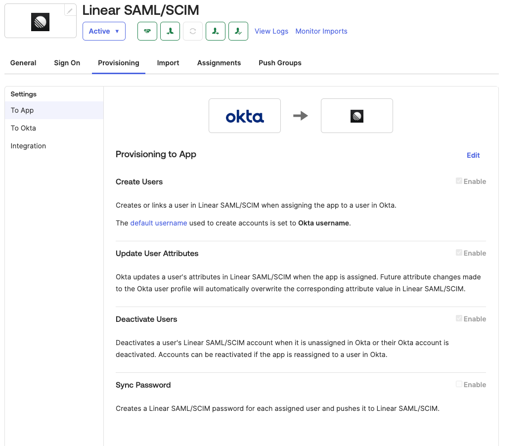 Okta settings with provisioning options checked for Linear app