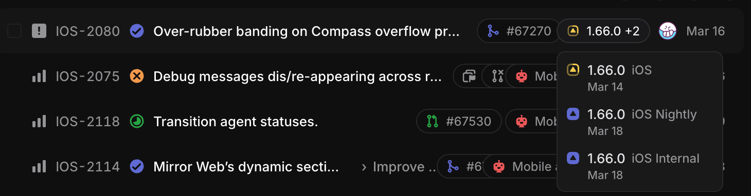 ios, nightly, and internal releases on an issue in list view