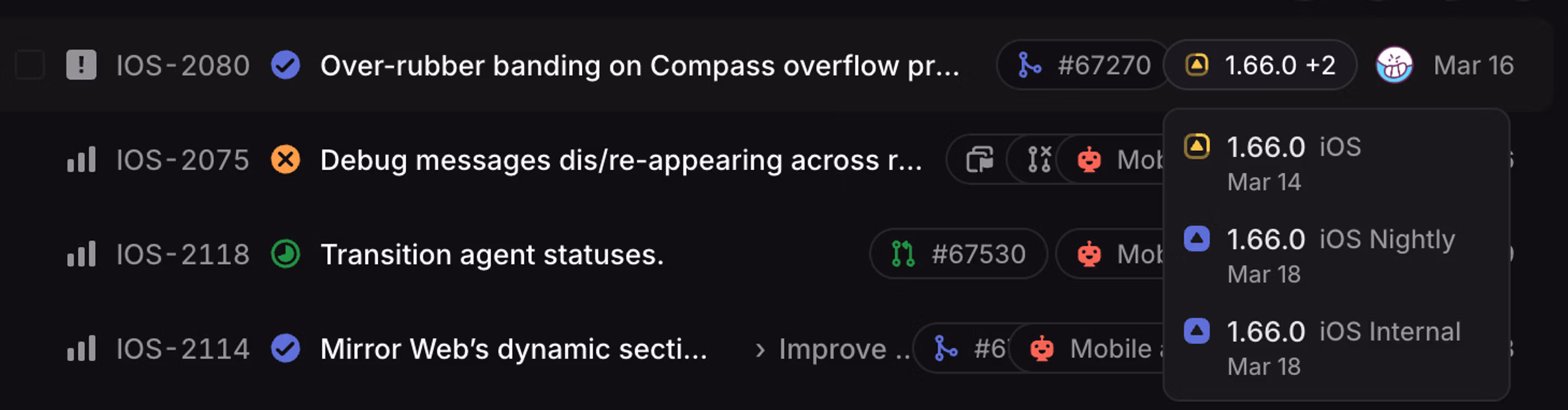 ios, nightly, and internal releases on an issue in list view