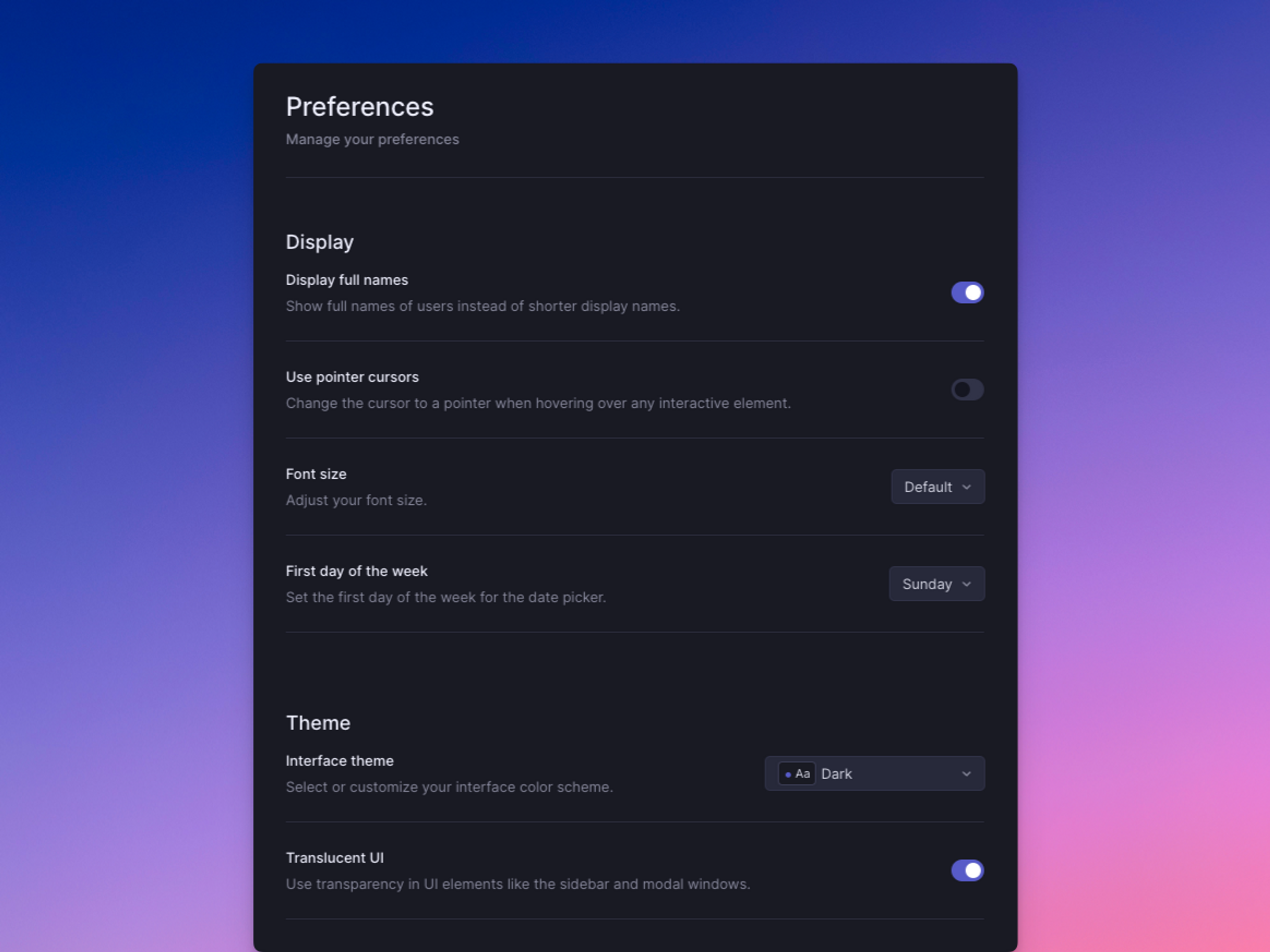 Screenshot of settings and preferences in Linear