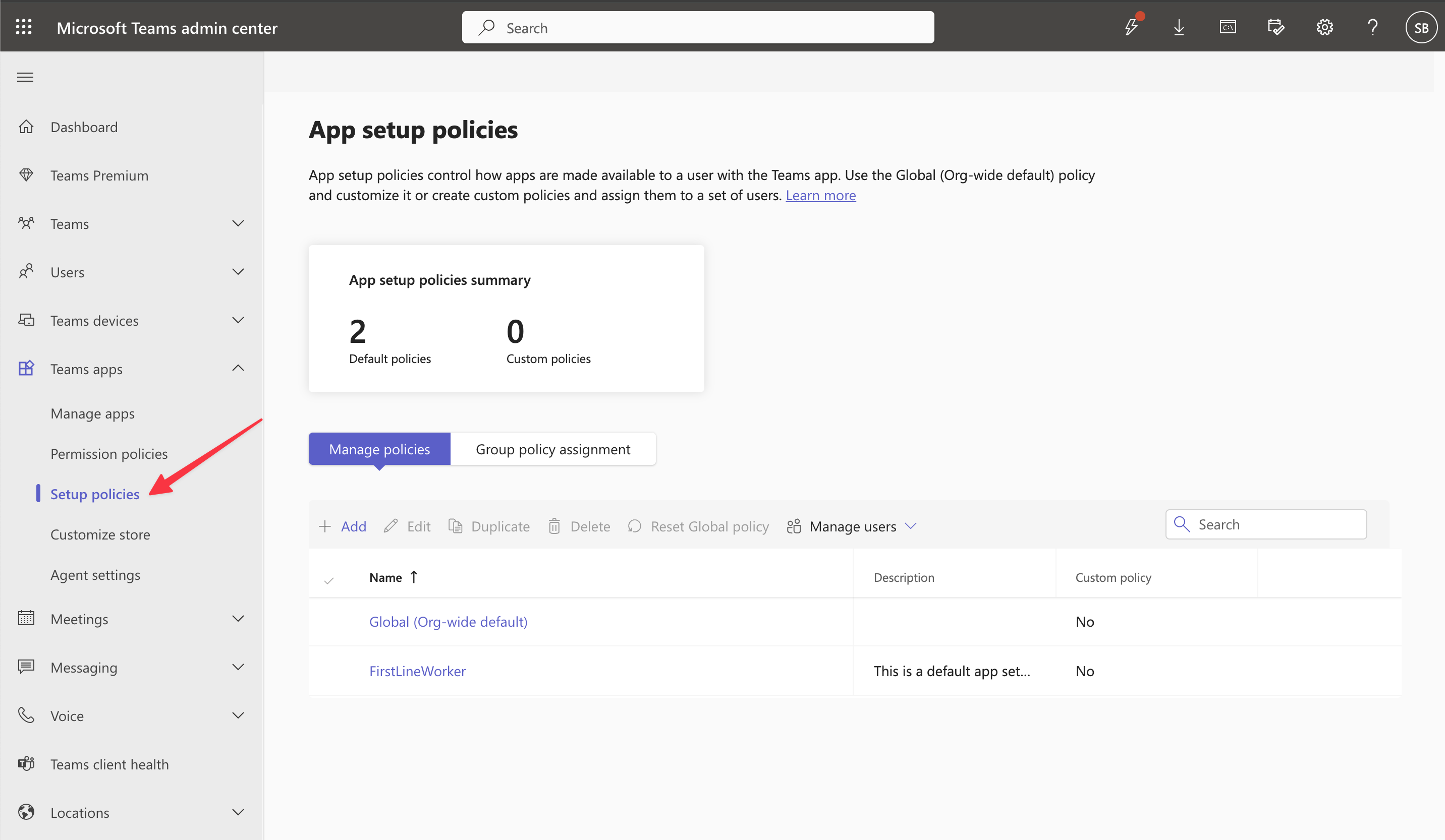 setup custom policies in Teams
