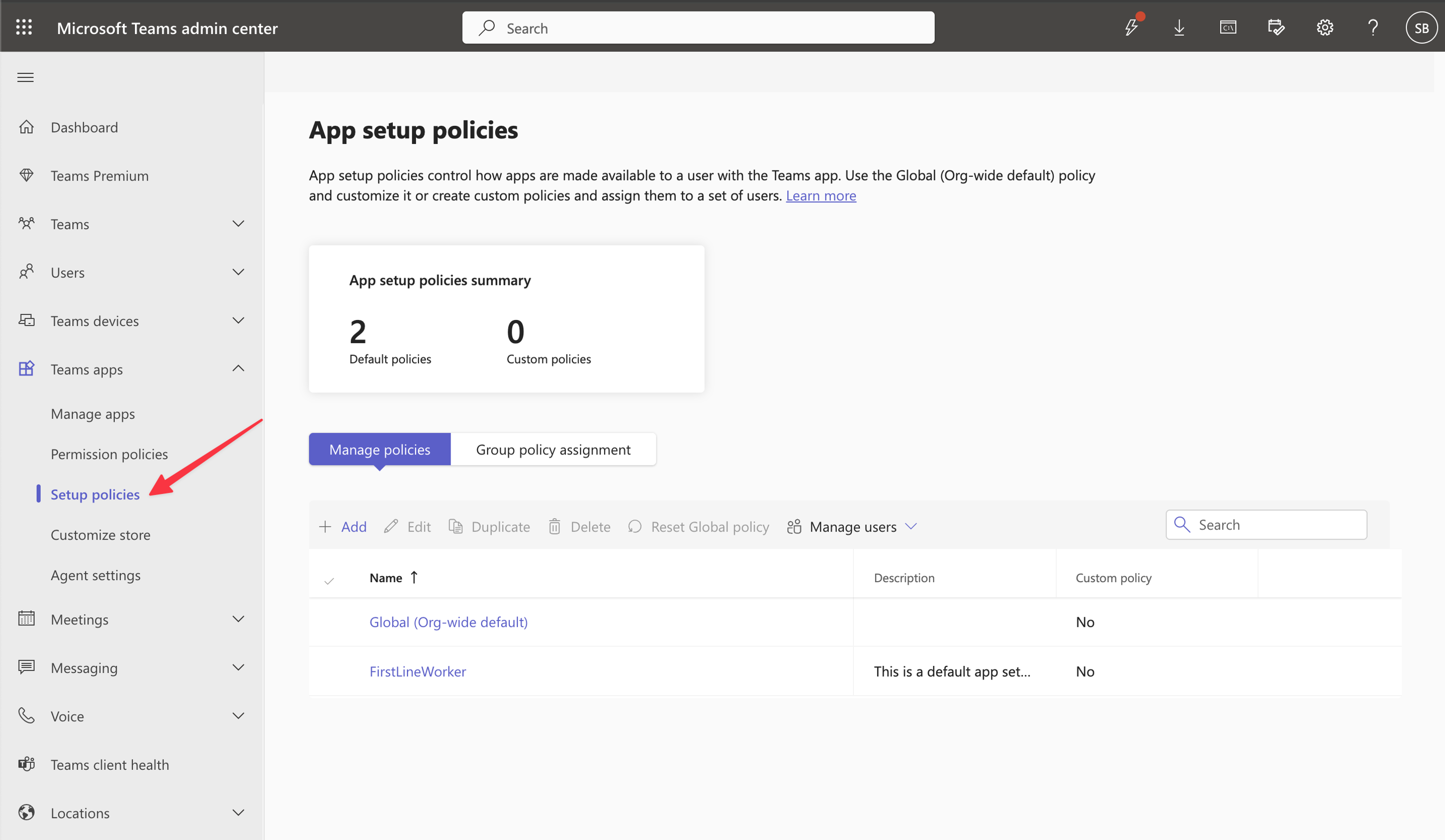 setup custom policies in Teams
